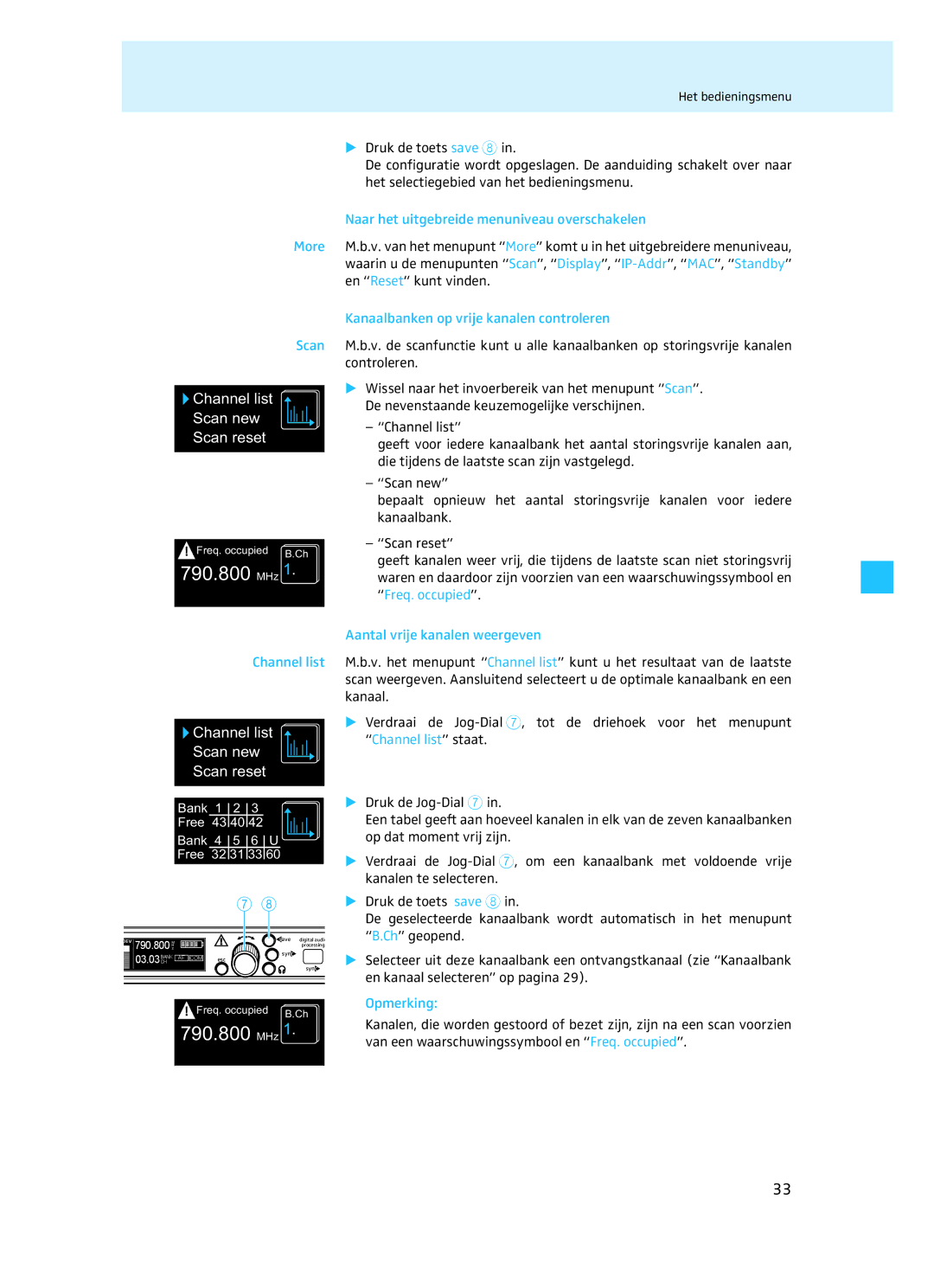 Sennheiser EM 3732 manual Naar het uitgebreide menuniveau overschakelen, Kanaalbanken op vrije kanalen controleren 