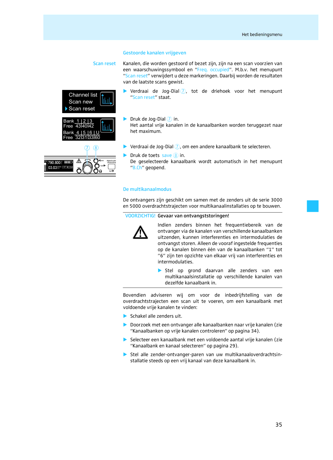 Sennheiser EM 3732 manual Gestoorde kanalen vrijgeven, De multikanaalmodus 