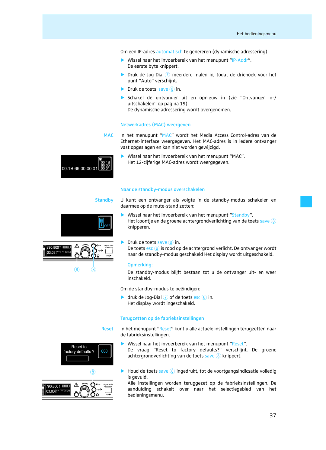 Sennheiser EM 3732 Netwerkadres MAC weergeven, Naar de standby-modus overschakelen, Terugzetten op de fabrieksinstellingen 