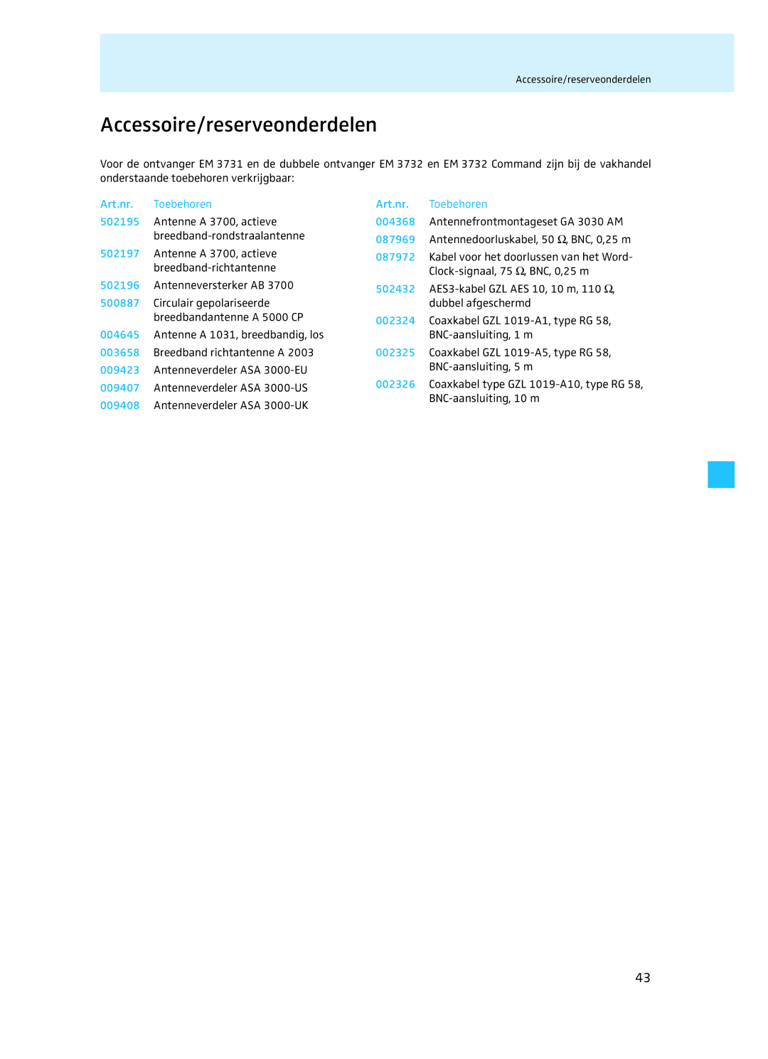 Sennheiser EM 3732 manual Accessoire/reserveonderdelen, Art.nr. Toebehoren 