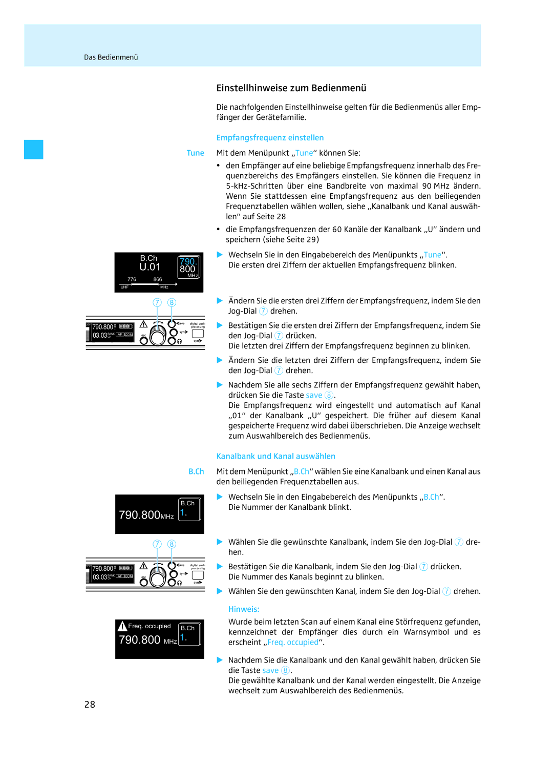 Sennheiser EM 3732 manual Einstellhinweise zum Bedienmenü, Empfangsfrequenz einstellen, Kanalbank und Kanal auswählen 