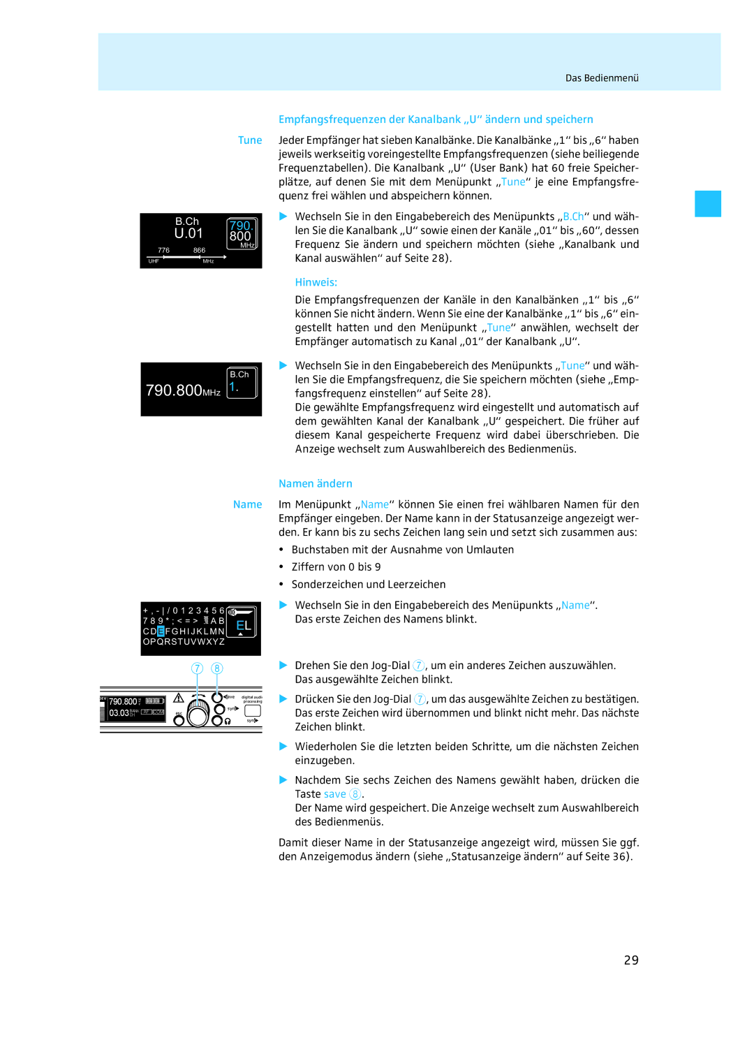 Sennheiser EM 3732 manual Empfangsfrequenzen der Kanalbank „U ändern und speichern, Namen ändern 