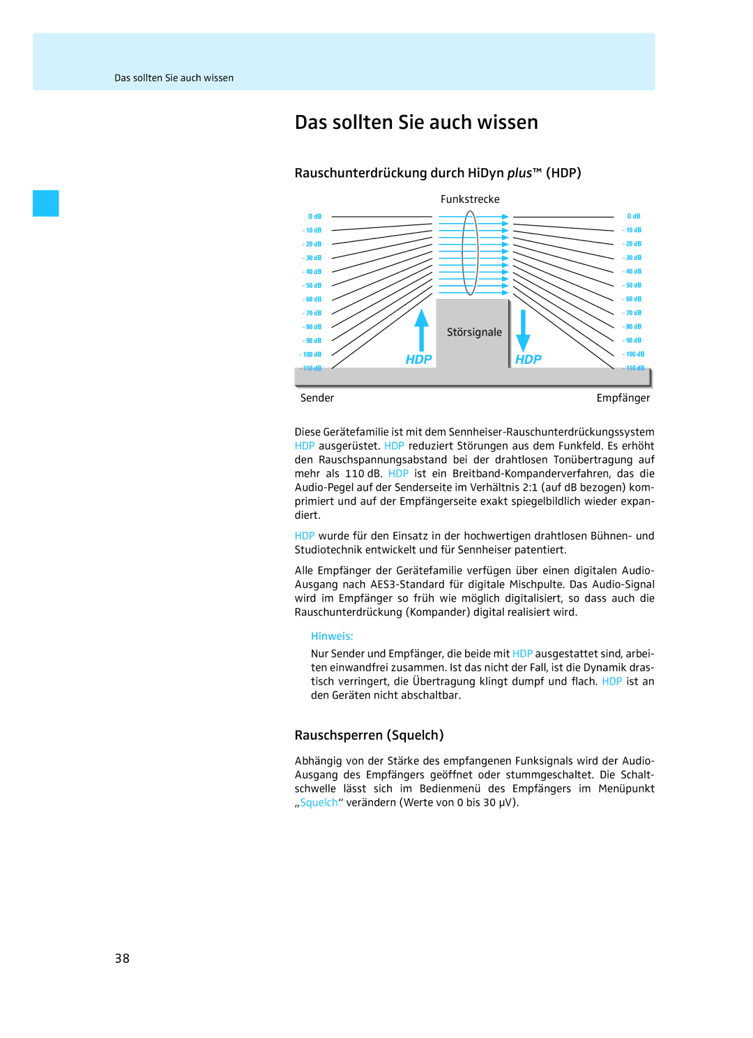 Sennheiser EM 3732 manual Das sollten Sie auch wissen, Rauschunterdrückung durch HiDyn plus HDP, Rauschsperren Squelch 