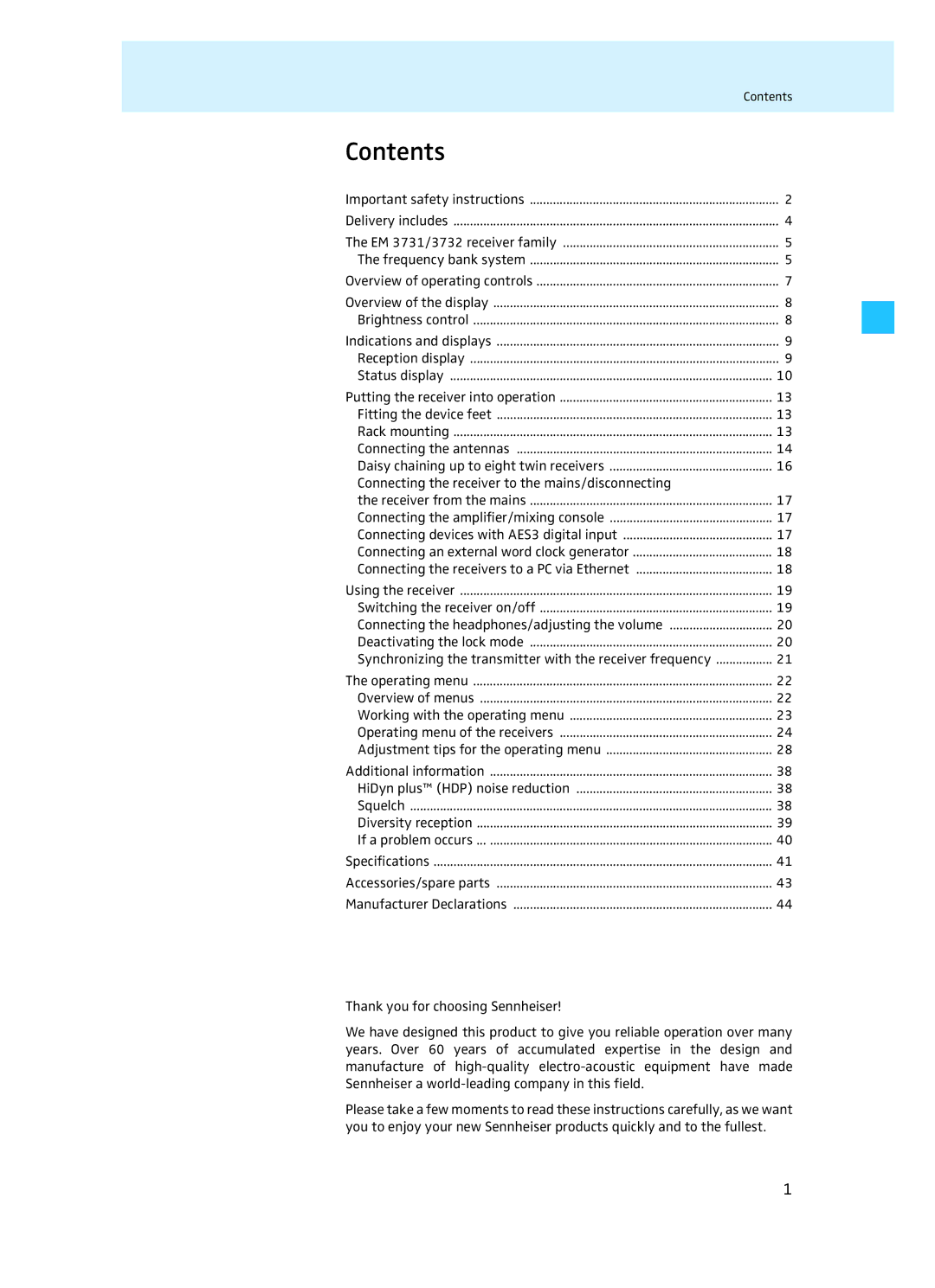 Sennheiser EM 3732 manual Contents 