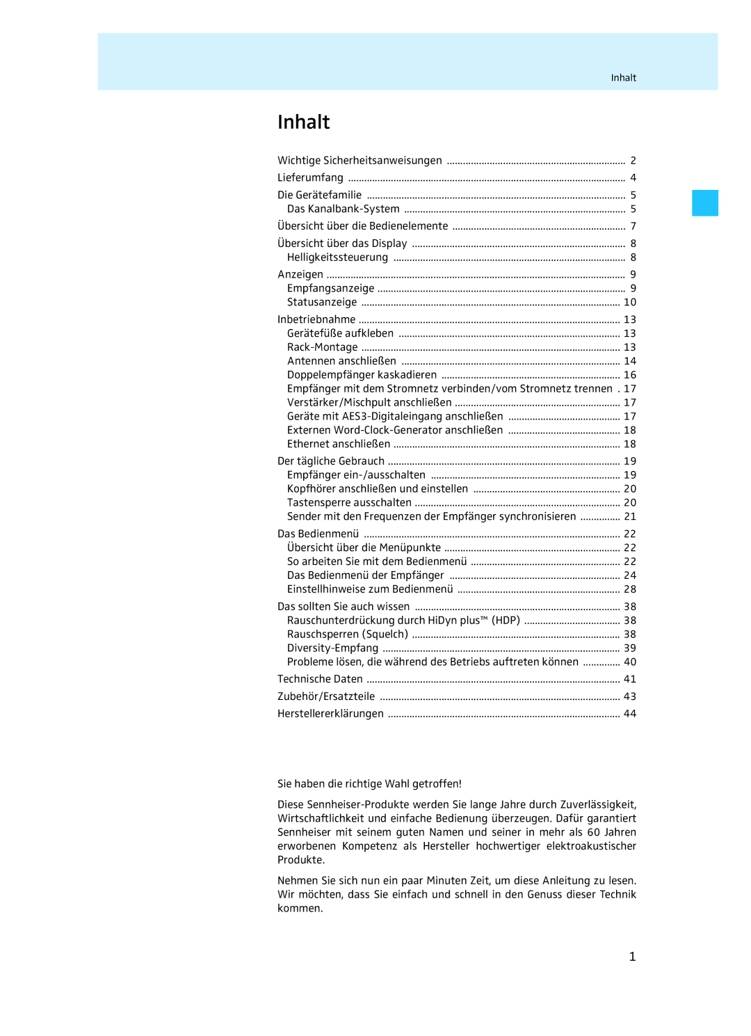 Sennheiser EM 3732 manual Inhalt, Empfänger mit dem Stromnetz verbinden/vom Stromnetz trennen 