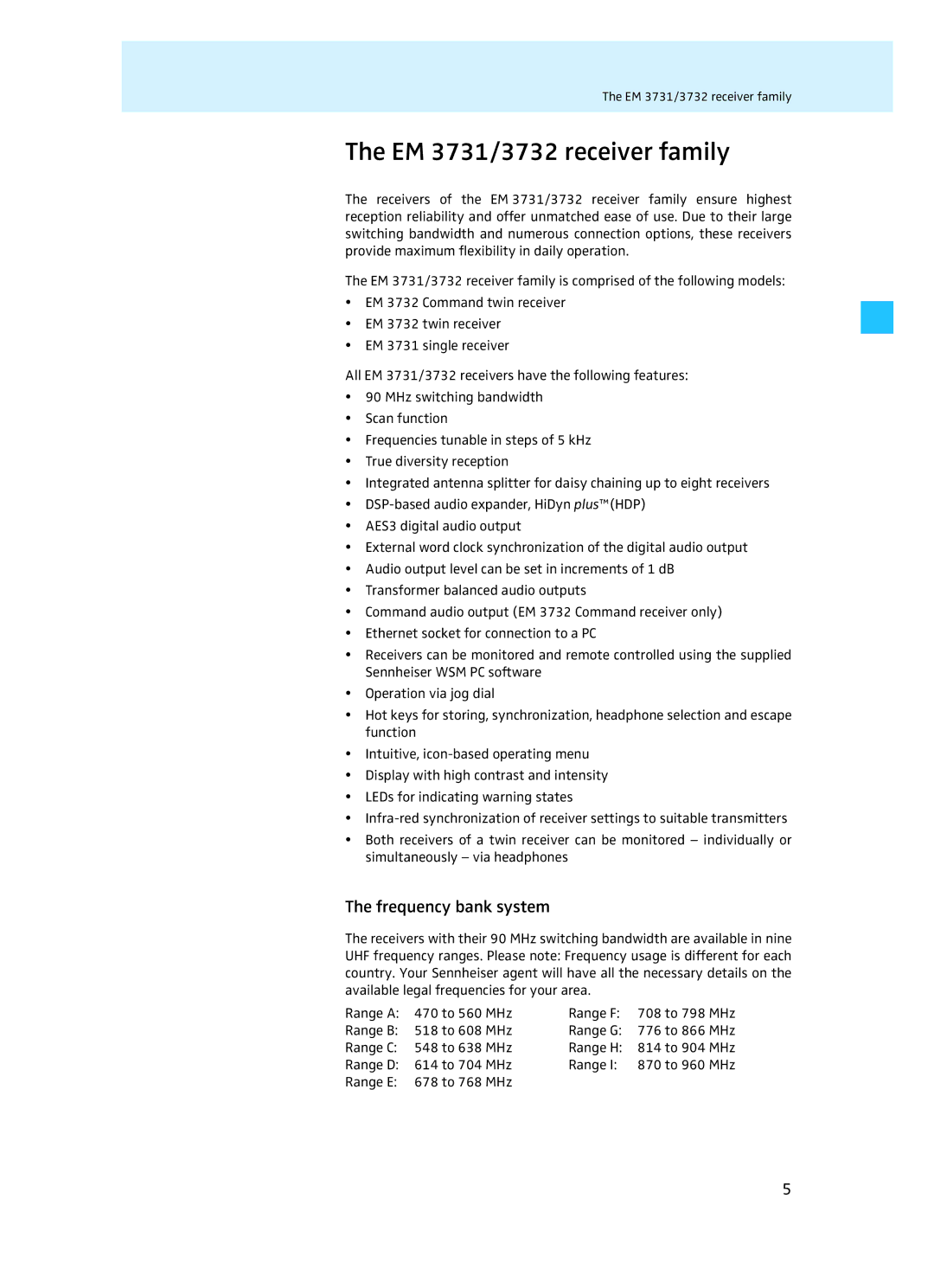 Sennheiser EM 3732 manual EM 3731/3732 receiver family, Frequency bank system 