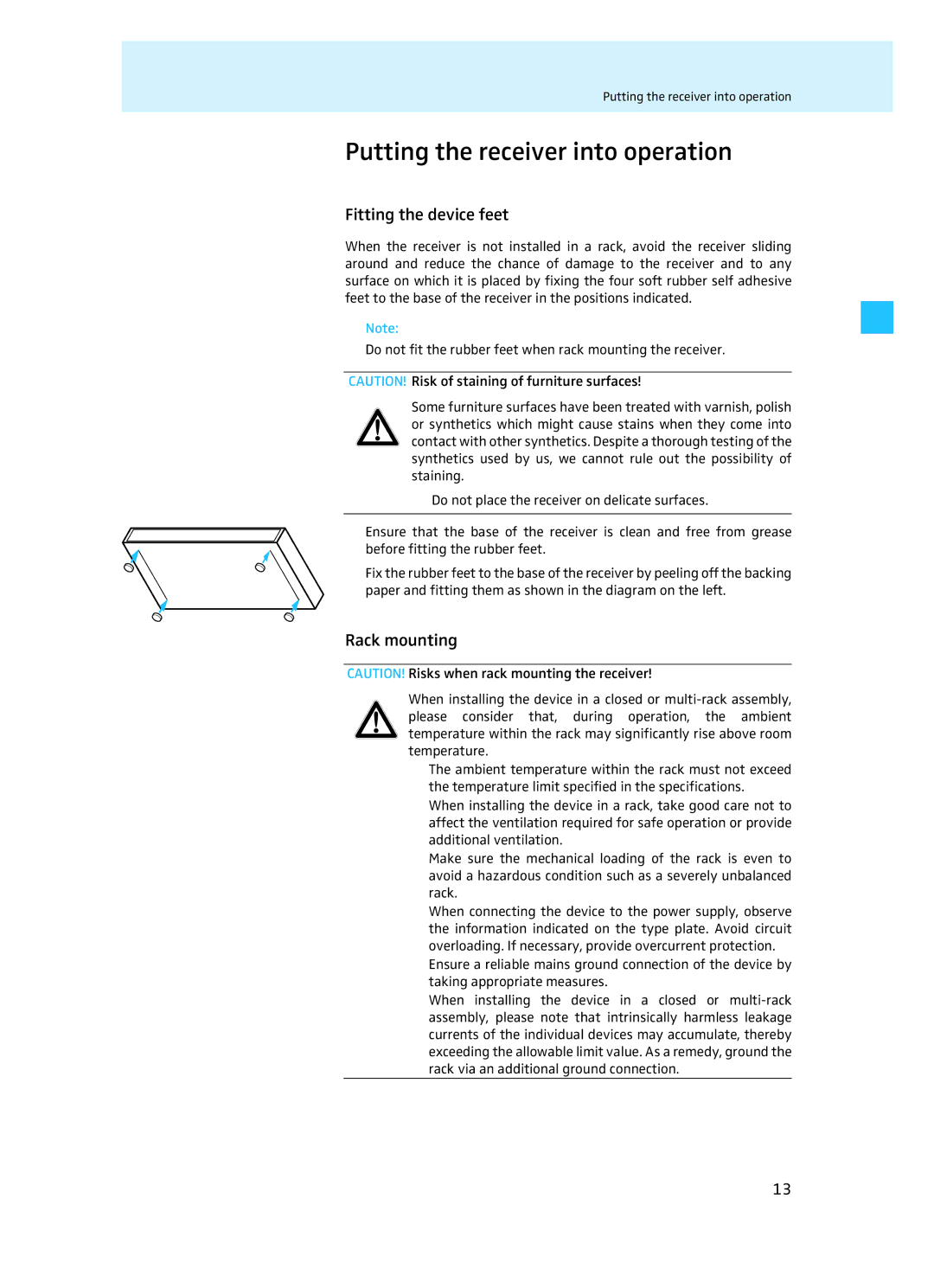 Sennheiser EM 3732 manual Putting the receiver into operation, Fitting the device feet, Rack mounting 