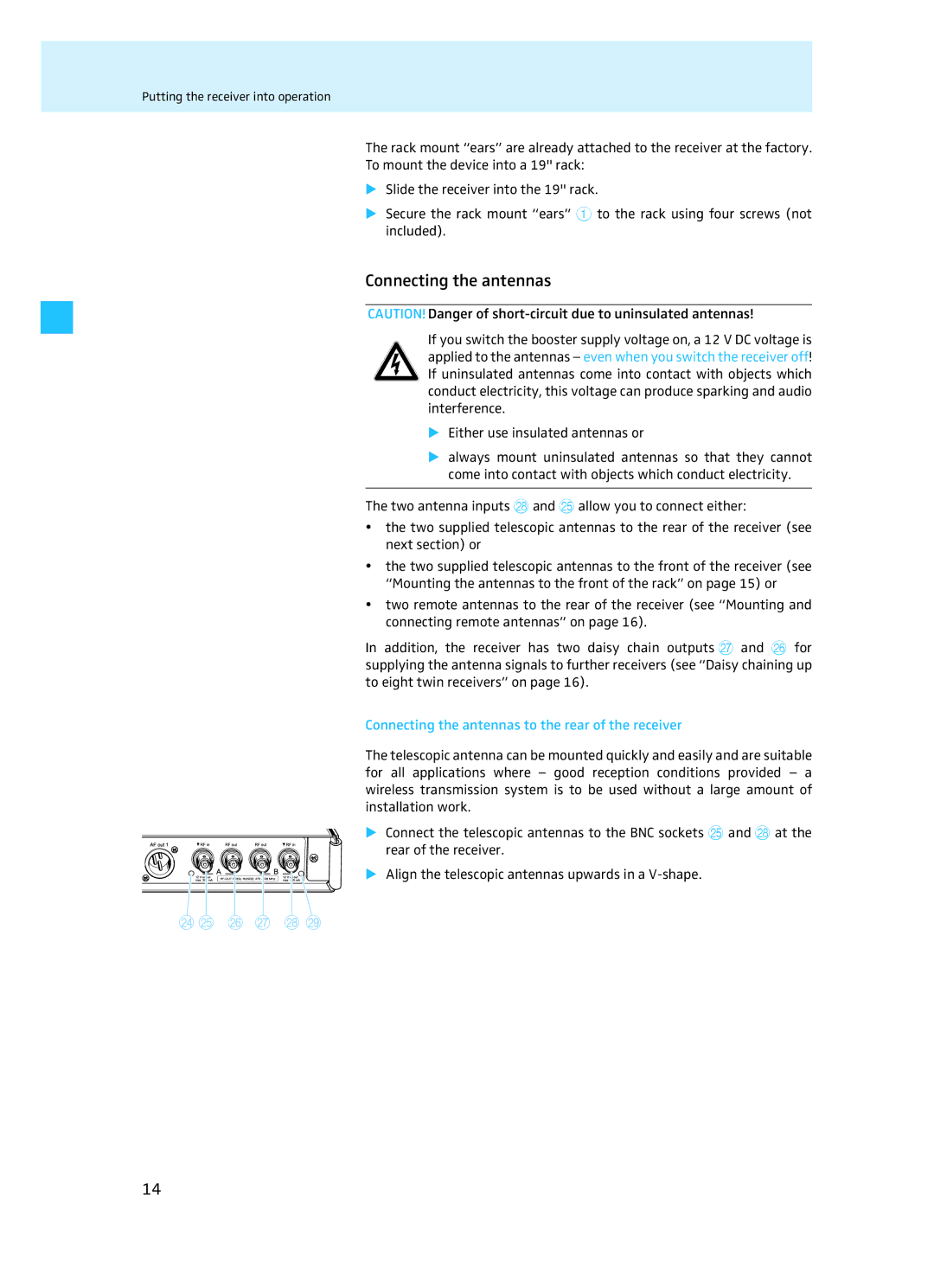 Sennheiser EM 3732 manual Connecting the antennas to the rear of the receiver 