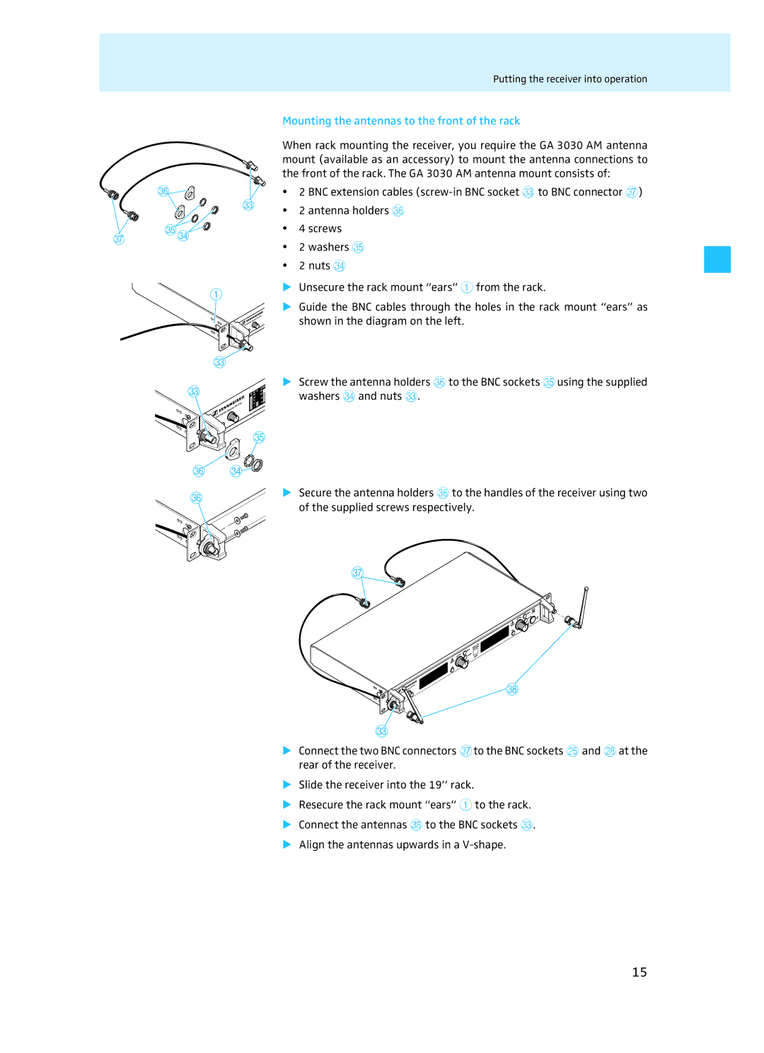 Sennheiser EM 3732 manual Mounting the antennas to the front of the rack 