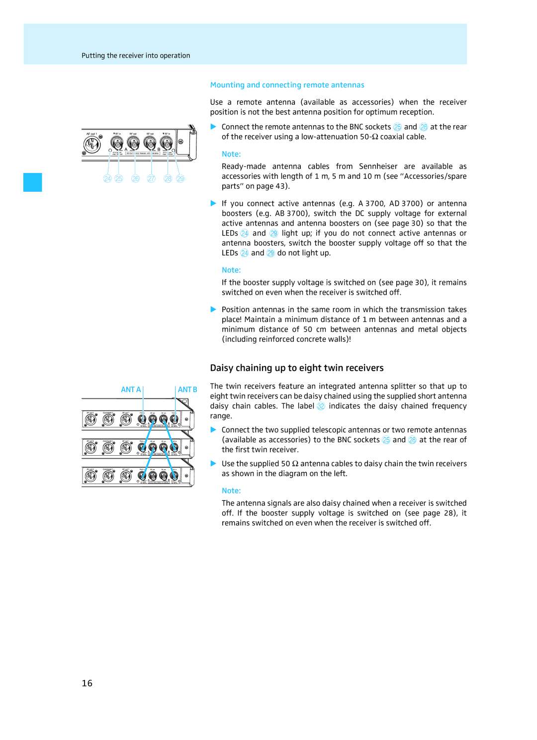 Sennheiser EM 3732 manual Daisy chaining up to eight twin receivers, Mounting and connecting remote antennas 