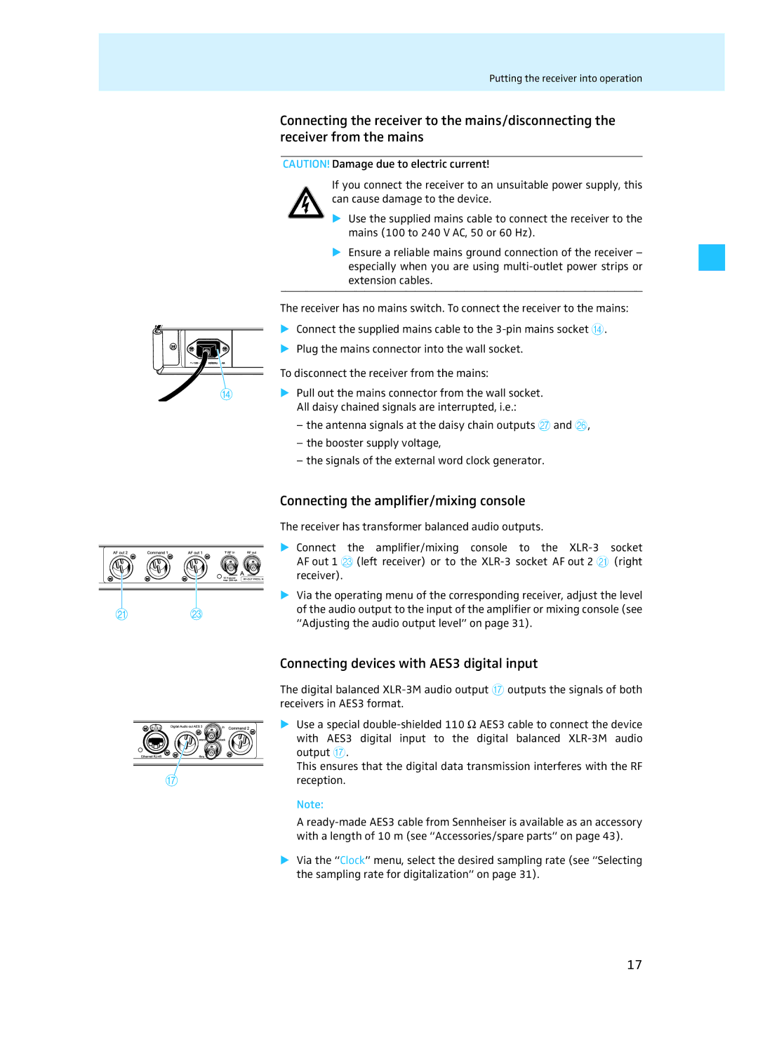 Sennheiser EM 3732 manual Connecting the amplifier/mixing console, Connecting devices with AES3 digital input 