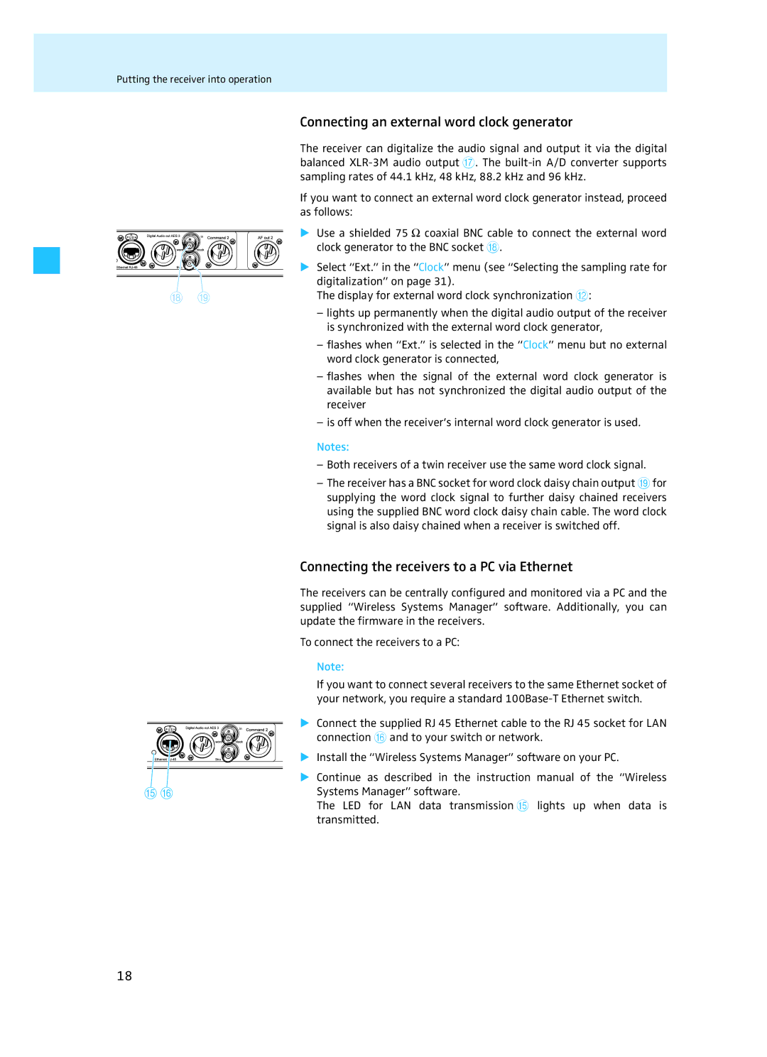 Sennheiser EM 3732 manual Connecting an external word clock generator, Connecting the receivers to a PC via Ethernet 