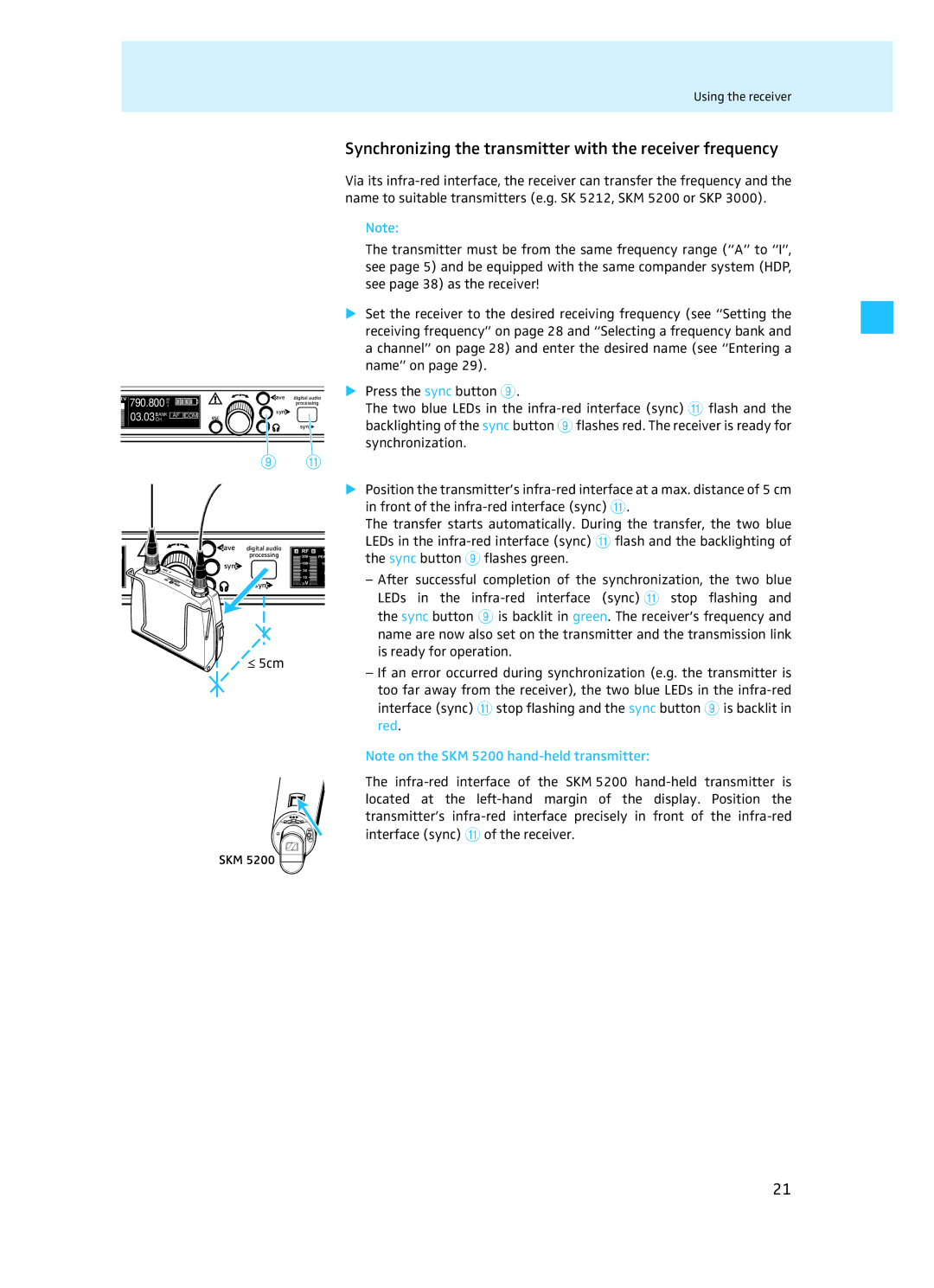 Sennheiser EM 3732 manual Synchronizing the transmitter with the receiver frequency, Sync button 9 flashes green, Red 