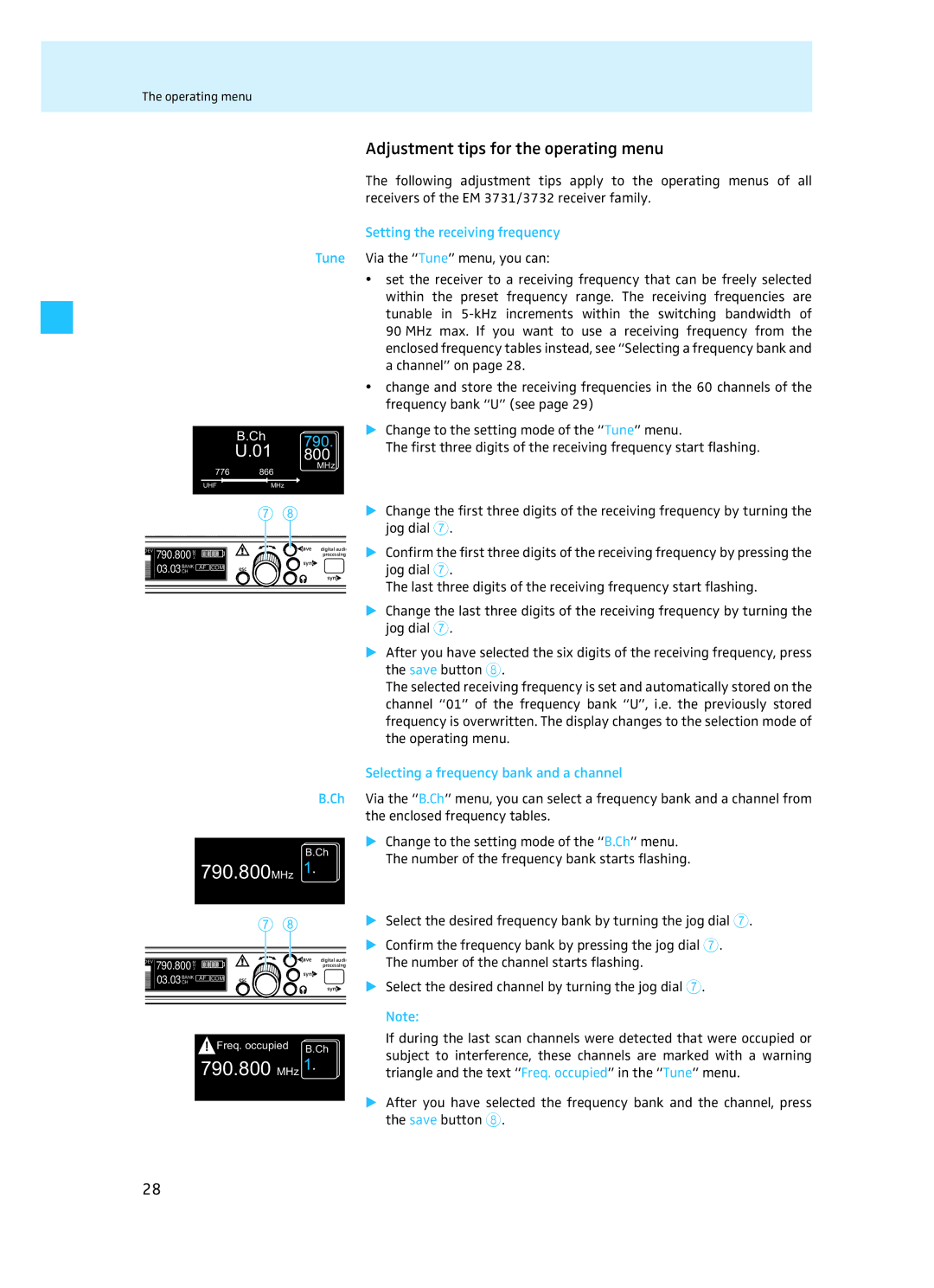 Sennheiser EM 3732 manual Adjustment tips for the operating menu, Setting the receiving frequency 