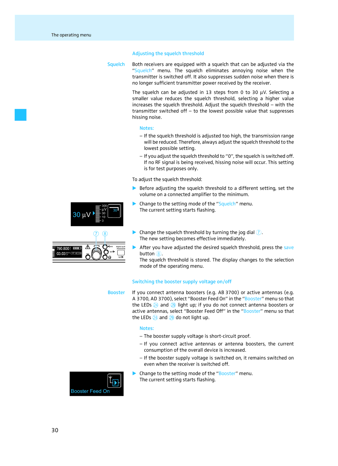 Sennheiser EM 3732 Booster Booster Feed On Adjusting the squelch threshold, Switching the booster supply voltage on/off 