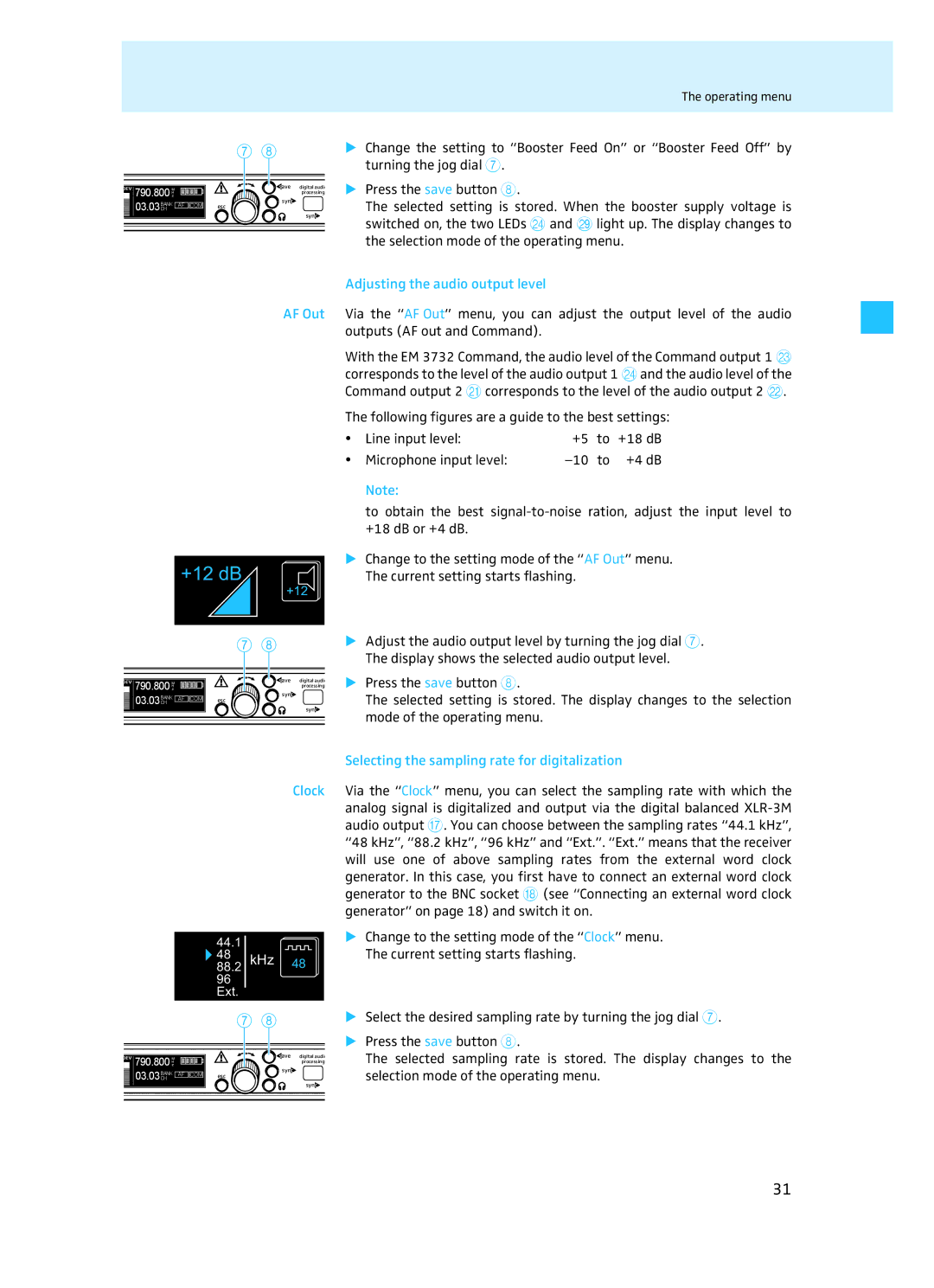 Sennheiser EM 3732 manual Adjusting the audio output level, Selecting the sampling rate for digitalization 