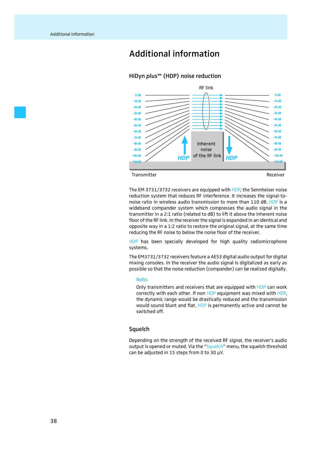 Sennheiser EM 3732 manual Additional information, HiDyn plus HDP noise reduction, Squelch, RF link Inherent, Transmitter 