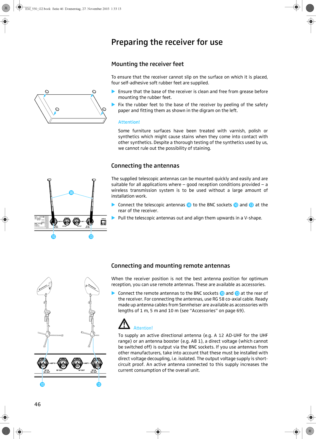 Sennheiser EM 550 G2 manual Preparing the receiver for use, Mounting the receiver feet, Connecting the antennas 