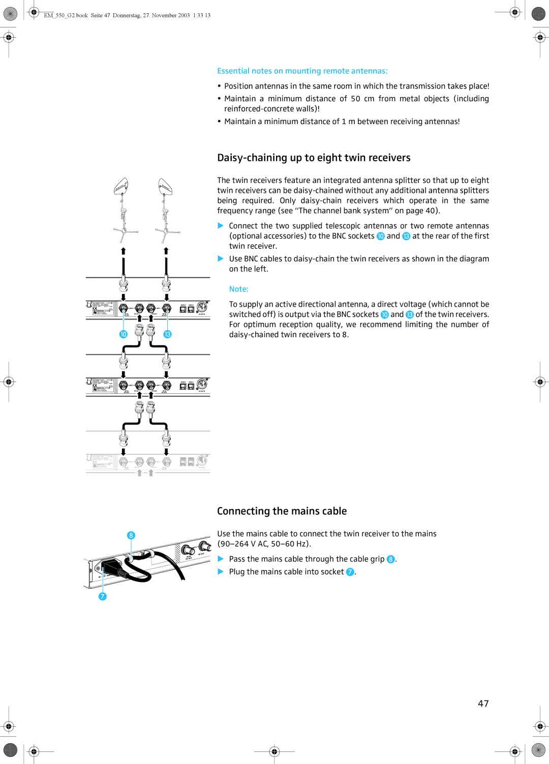 Sennheiser EM 550 G2 manual Daisy-chaining up to eight twin receivers, Connecting the mains cable 