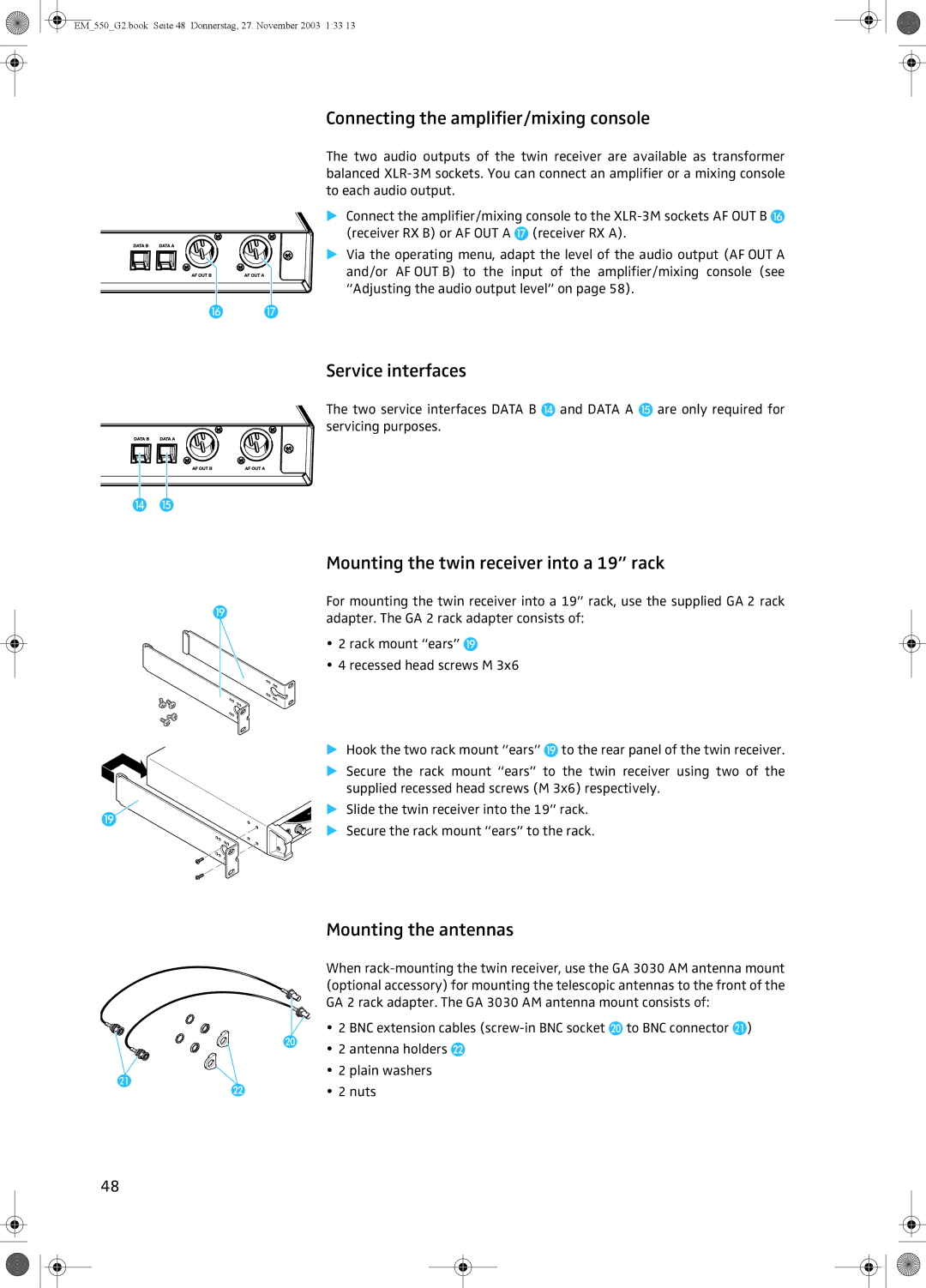 Sennheiser EM 550 G2 manual Connecting the amplifier/mixing console, Service interfaces, Mounting the antennas 