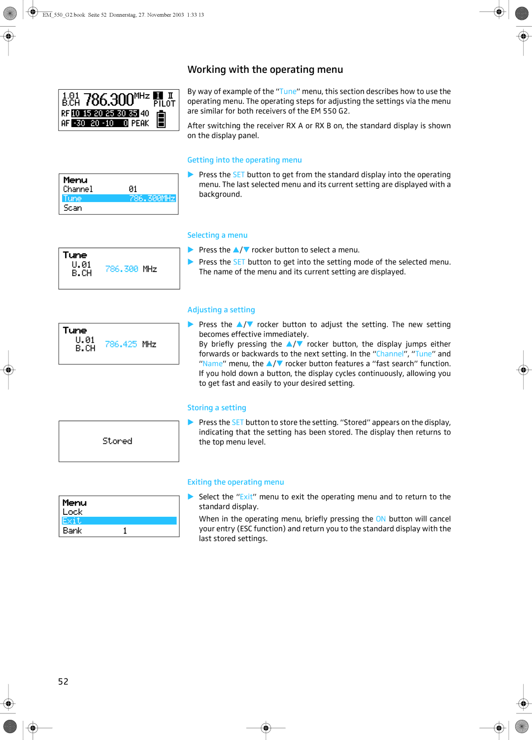 Sennheiser EM 550 G2 manual Working with the operating menu 