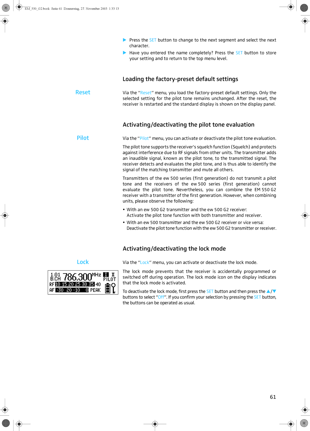 Sennheiser EM 550 G2 Loading the factory-preset default settings, Reset, Activating/deactivating the pilot tone evaluation 