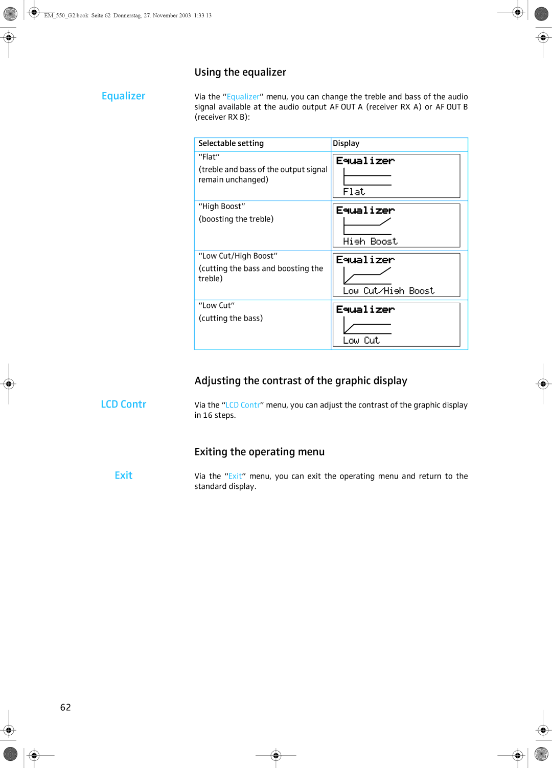 Sennheiser EM 550 G2 manual Using the equalizer, Equalizer, Adjusting the contrast of the graphic display, Exit 