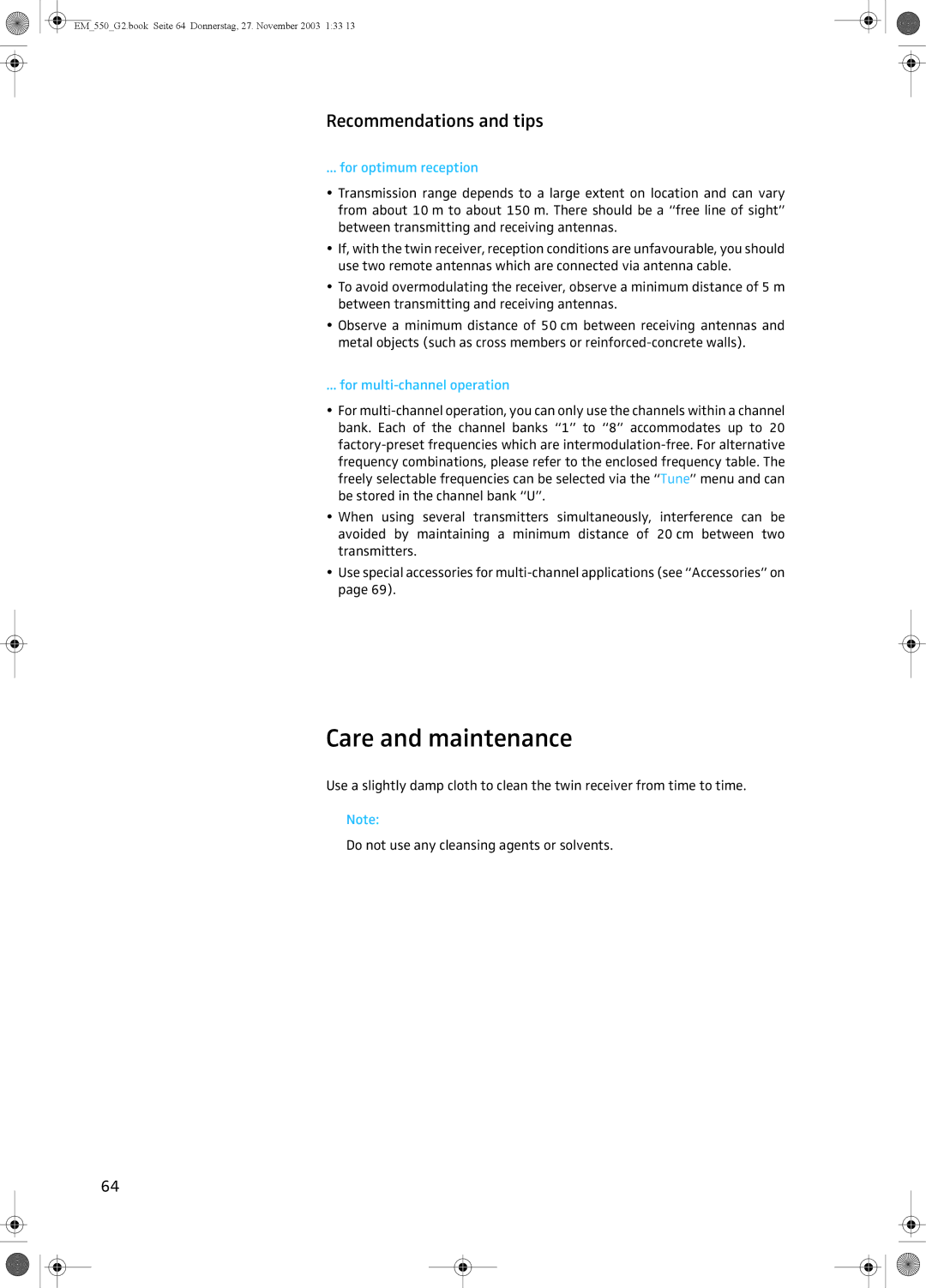 Sennheiser EM 550 G2 Care and maintenance, Recommendations and tips, For optimum reception, For multi-channel operation 