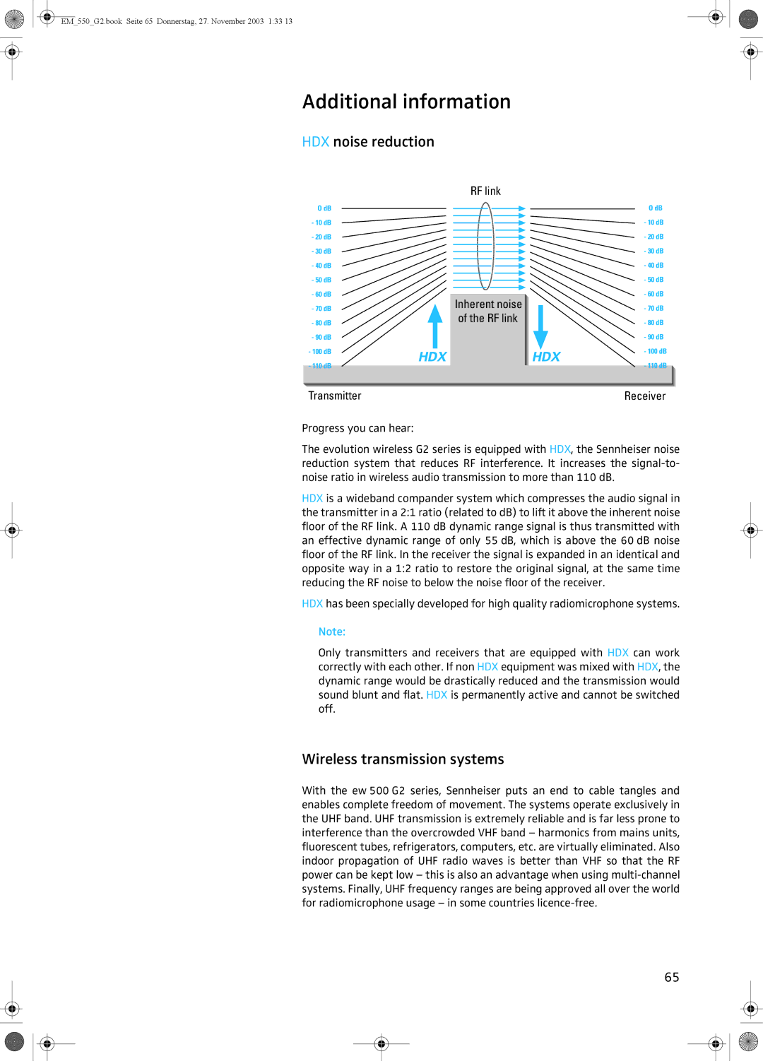 Sennheiser EM 550 G2 manual Additional information, HDX noise reduction, Wireless transmission systems 