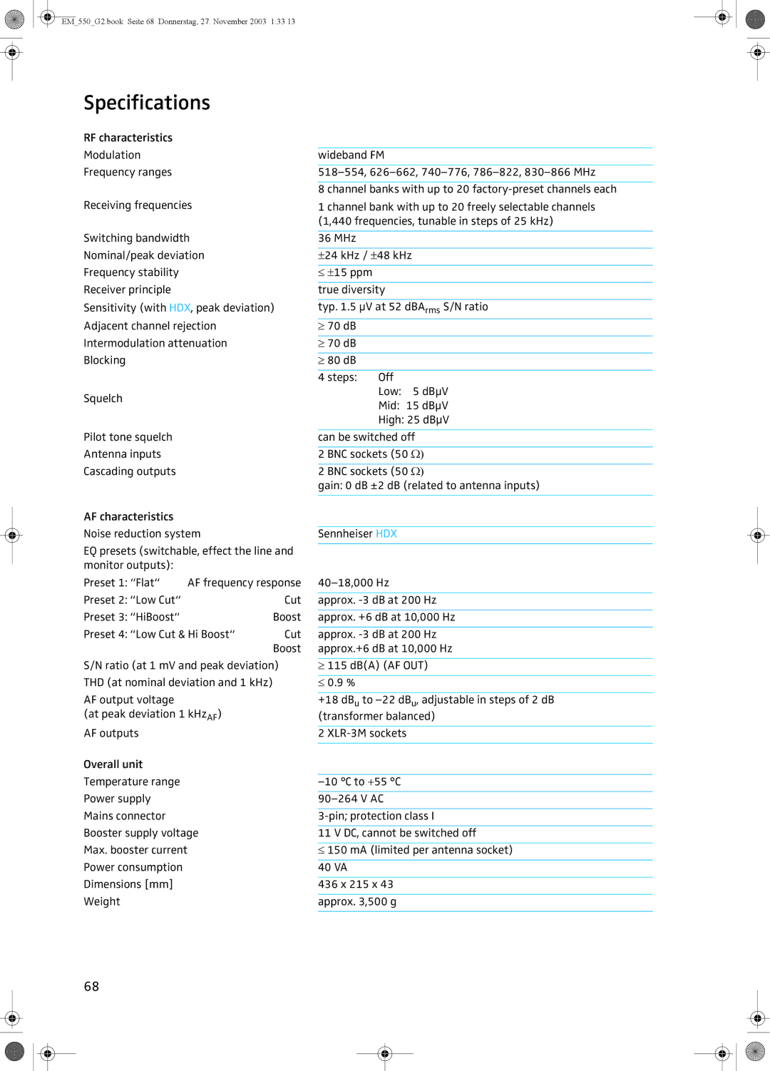 Sennheiser EM 550 G2 manual Specifications 