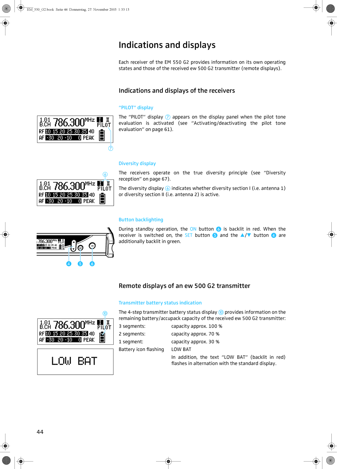 Sennheiser EM 550 G2 manual Indications and displays of the receivers, Remote displays of an ew 500 G2 transmitter 