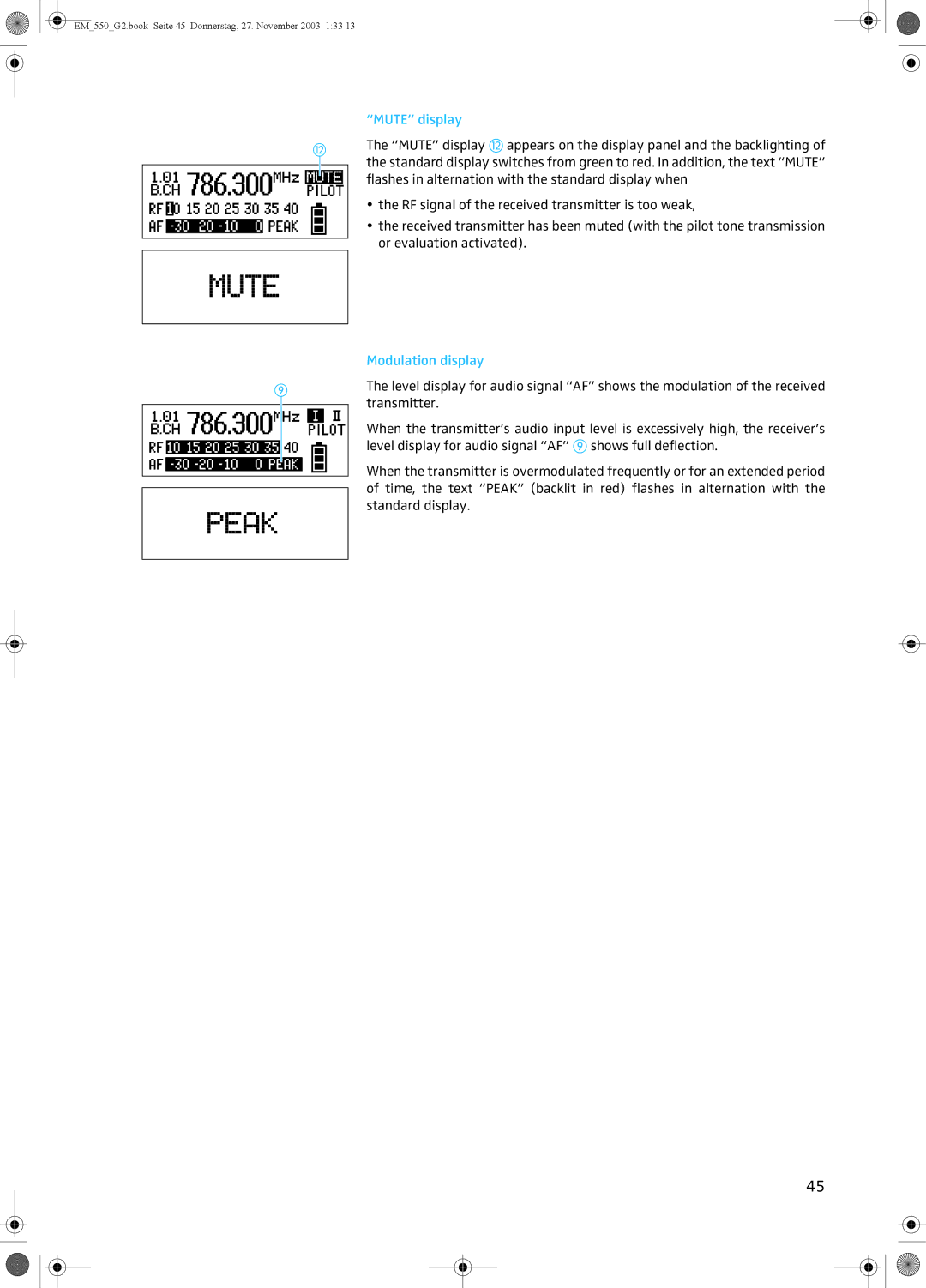 Sennheiser EM 550 G2 manual Mute display, Modulation display 