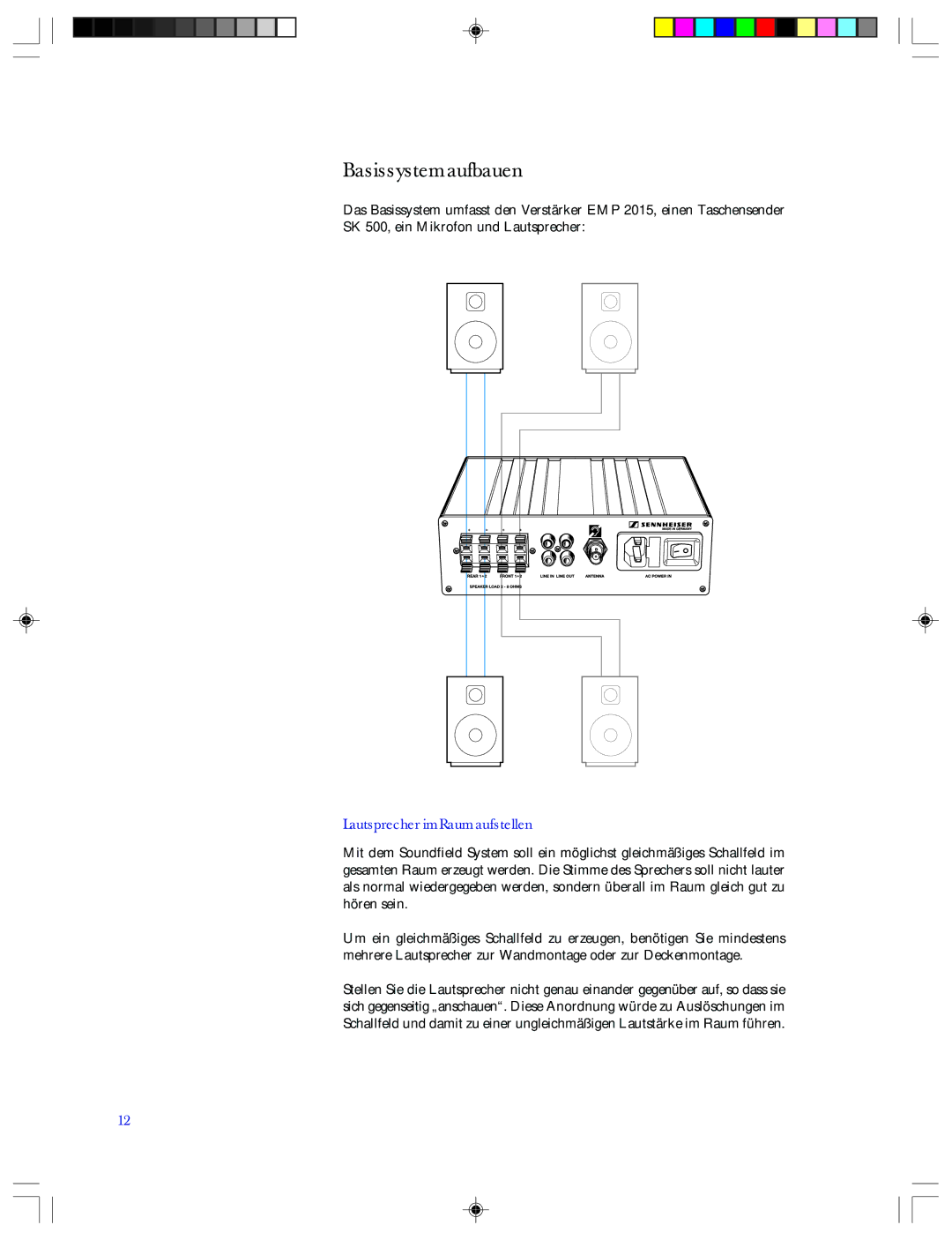 Sennheiser EMP 2015 manual Basissystem aufbauen, Lautsprecher im Raum aufstellen 