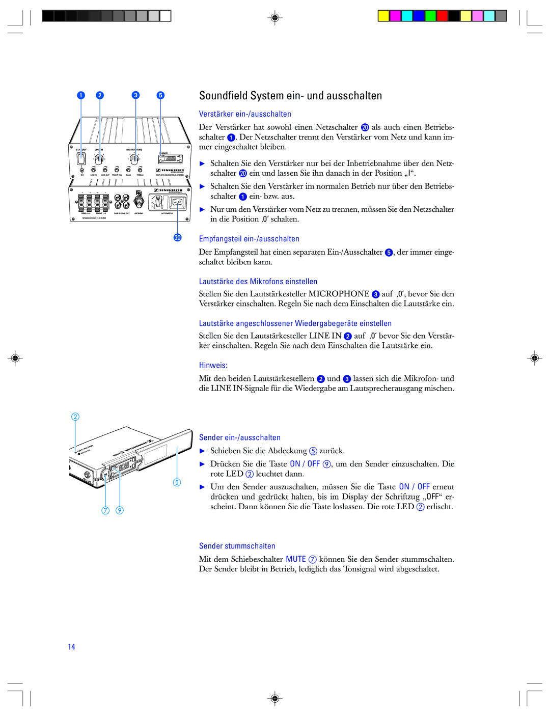 Sennheiser EMP 2015 manual Soundfield System ein- und ausschalten 