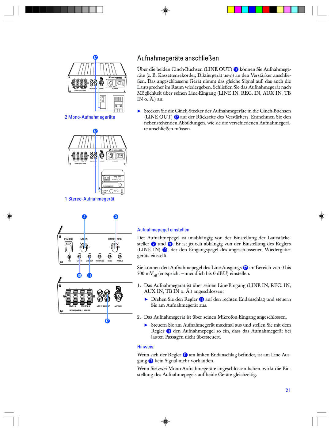 Sennheiser EMP 2015 manual Aufnahmegeräte anschließen, Mono-Aufnahmegeräte Stereo-Aufnahmegerät, Aufnahmepegel einstellen 