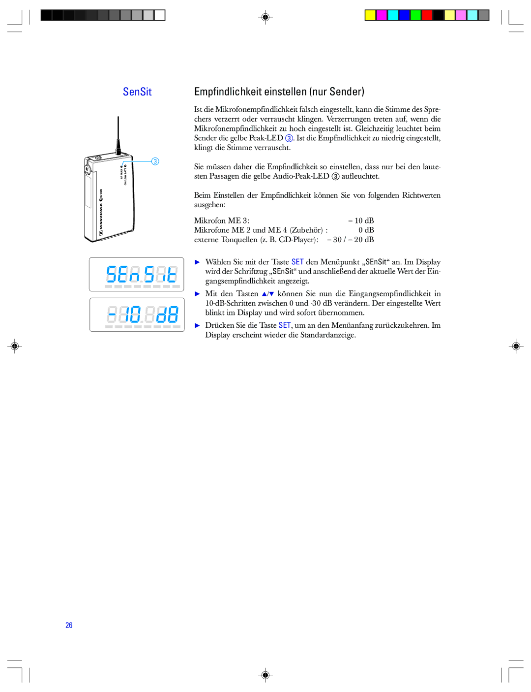 Sennheiser EMP 2015 manual SenSit, Empfindlichkeit einstellen nur Sender 