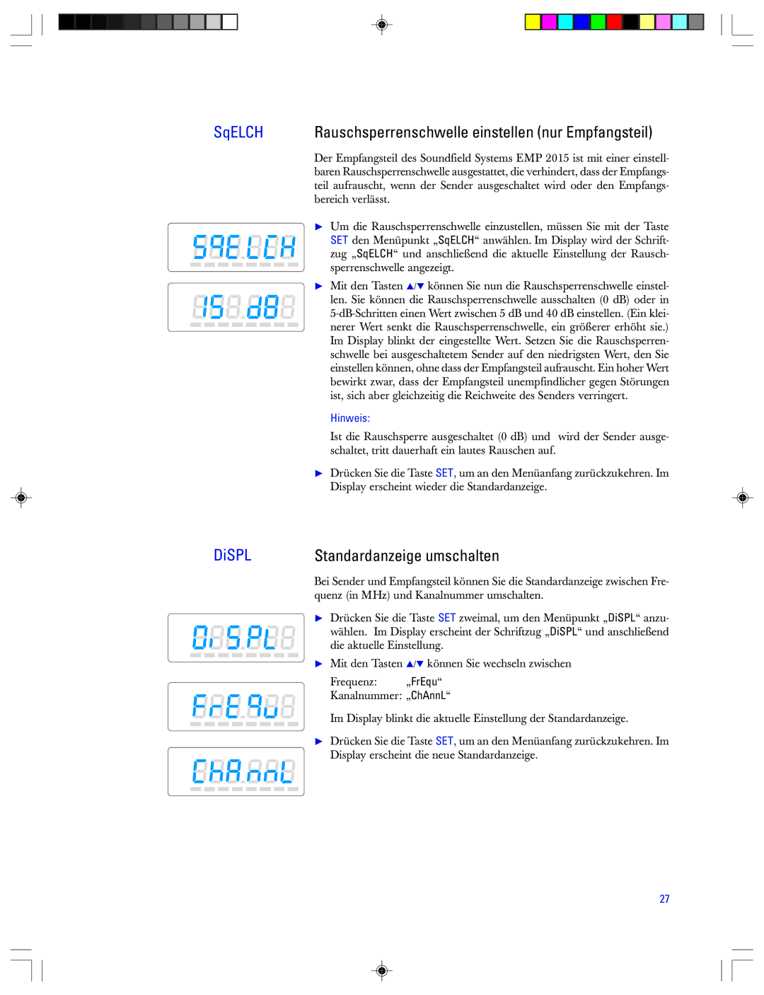 Sennheiser EMP 2015 manual Standardanzeige umschalten, SqELCH 