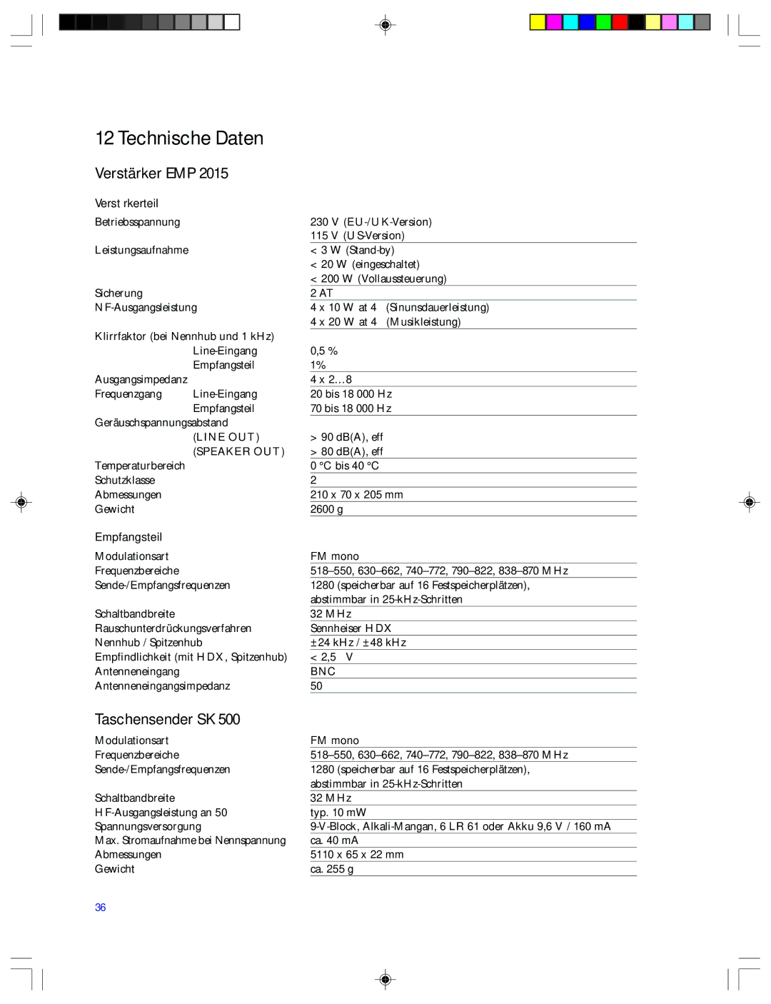 Sennheiser EMP 2015 manual Technische Daten, Speaker OUT 