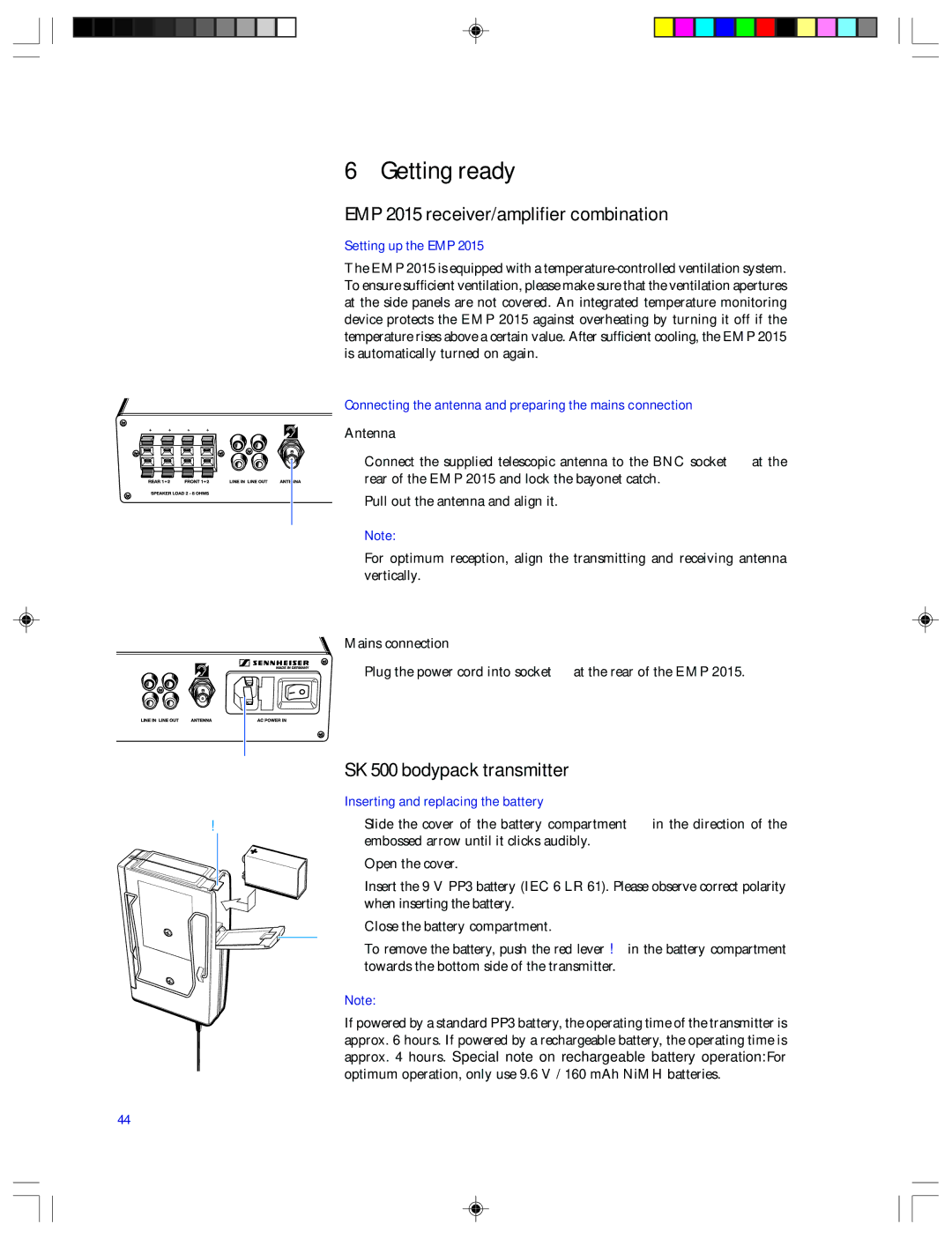 Sennheiser EMP 2015 manual Getting ready, Setting up the EMP, Connecting the antenna and preparing the mains connection 