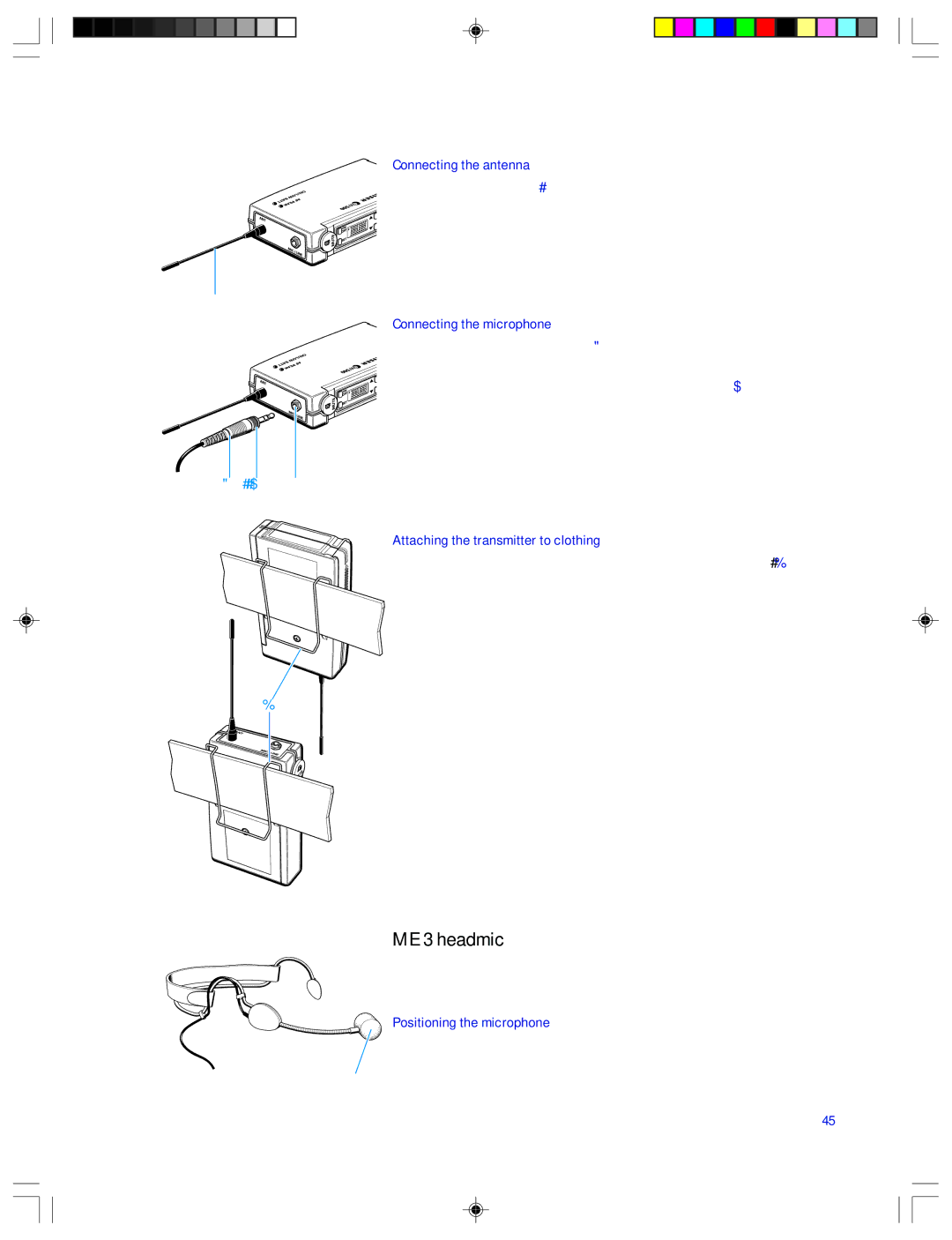 Sennheiser EMP 2015 ME 3 headmic, Connecting the antenna, Connecting the microphone, Attaching the transmitter to clothing 