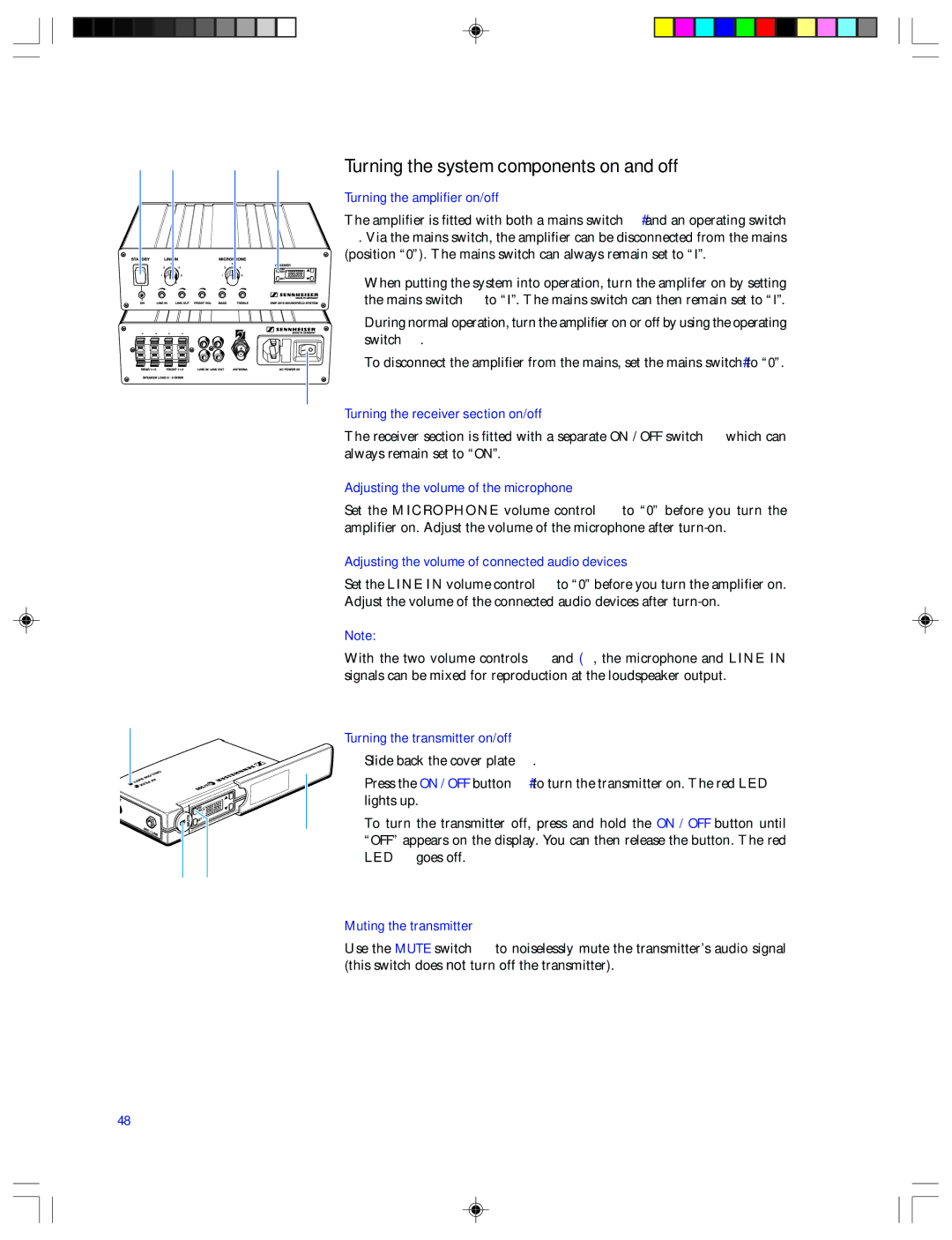 Sennheiser EMP 2015 manual Turning the system components on and off 