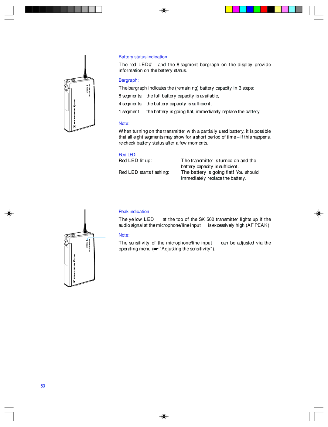 Sennheiser EMP 2015 manual Battery status indication, Bargraph, Red LED, Peak indication 