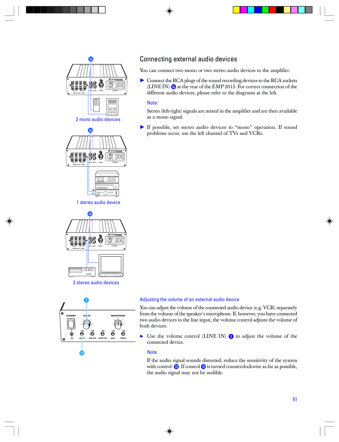 Sennheiser EMP 2015 manual Connecting external audio devices, Mono audio devices Stereo audio device Stereo audio devices 