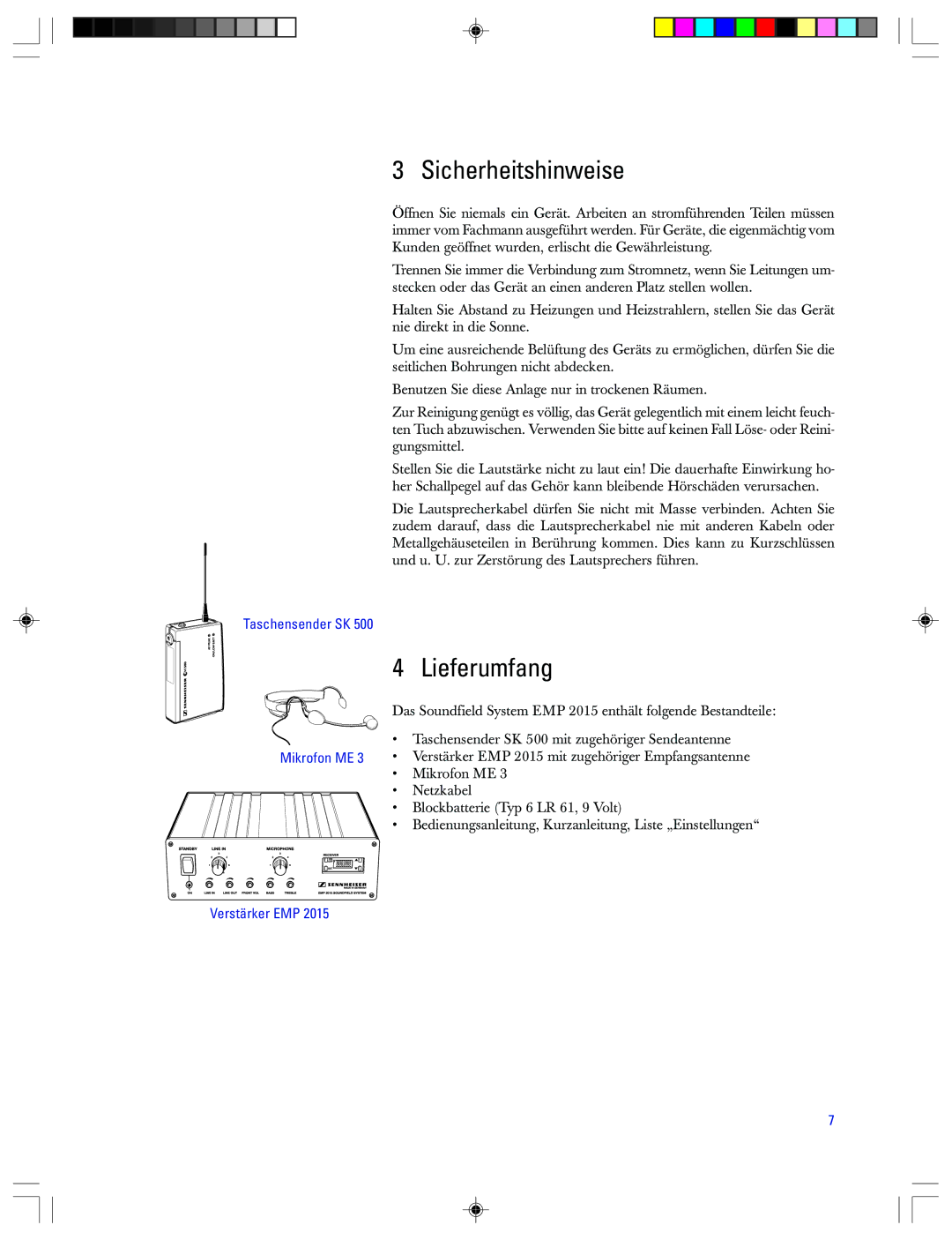 Sennheiser EMP 2015 manual Sicherheitshinweise, Lieferumfang, Taschensender SK Mikrofon ME Verstärker EMP 