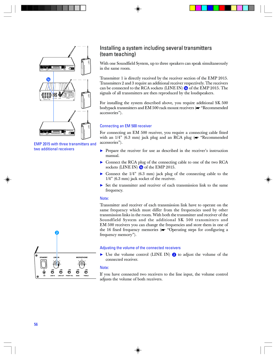 Sennheiser EMP 2015 manual Connecting an EM 500 receiver, Adjusting the volume of the connected receivers 