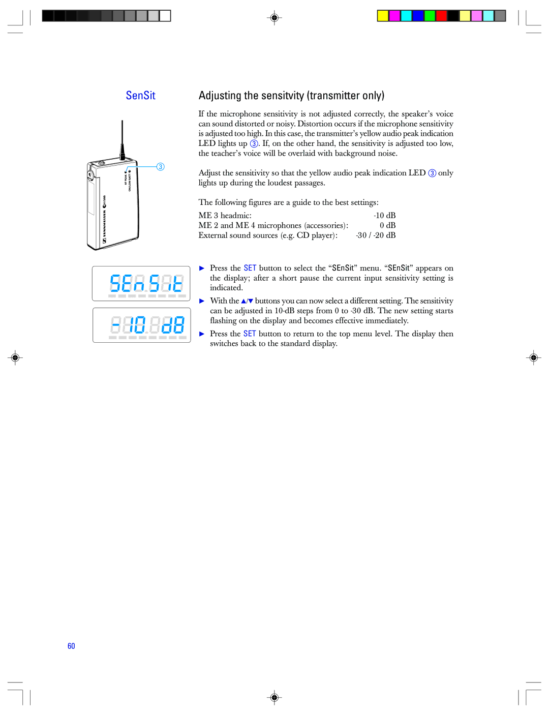 Sennheiser EMP 2015 manual Adjusting the sensitvity transmitter only 