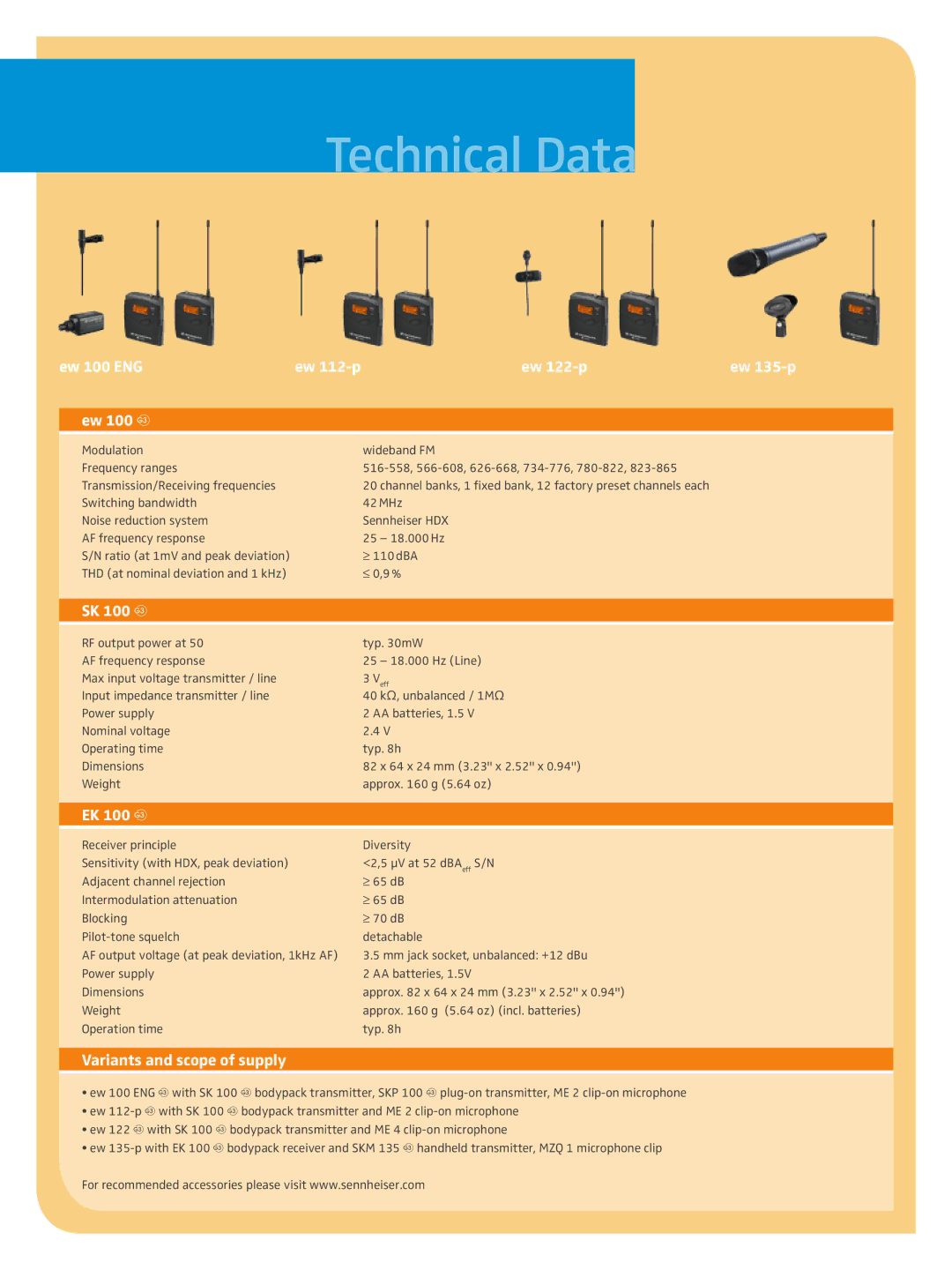 Sennheiser ENG 100 manual Technical Data, Ew 100 ENG Ew 112-p Ew 122-p Ew 135-p Ew 100 g, SK 100 g, EK 100 g 