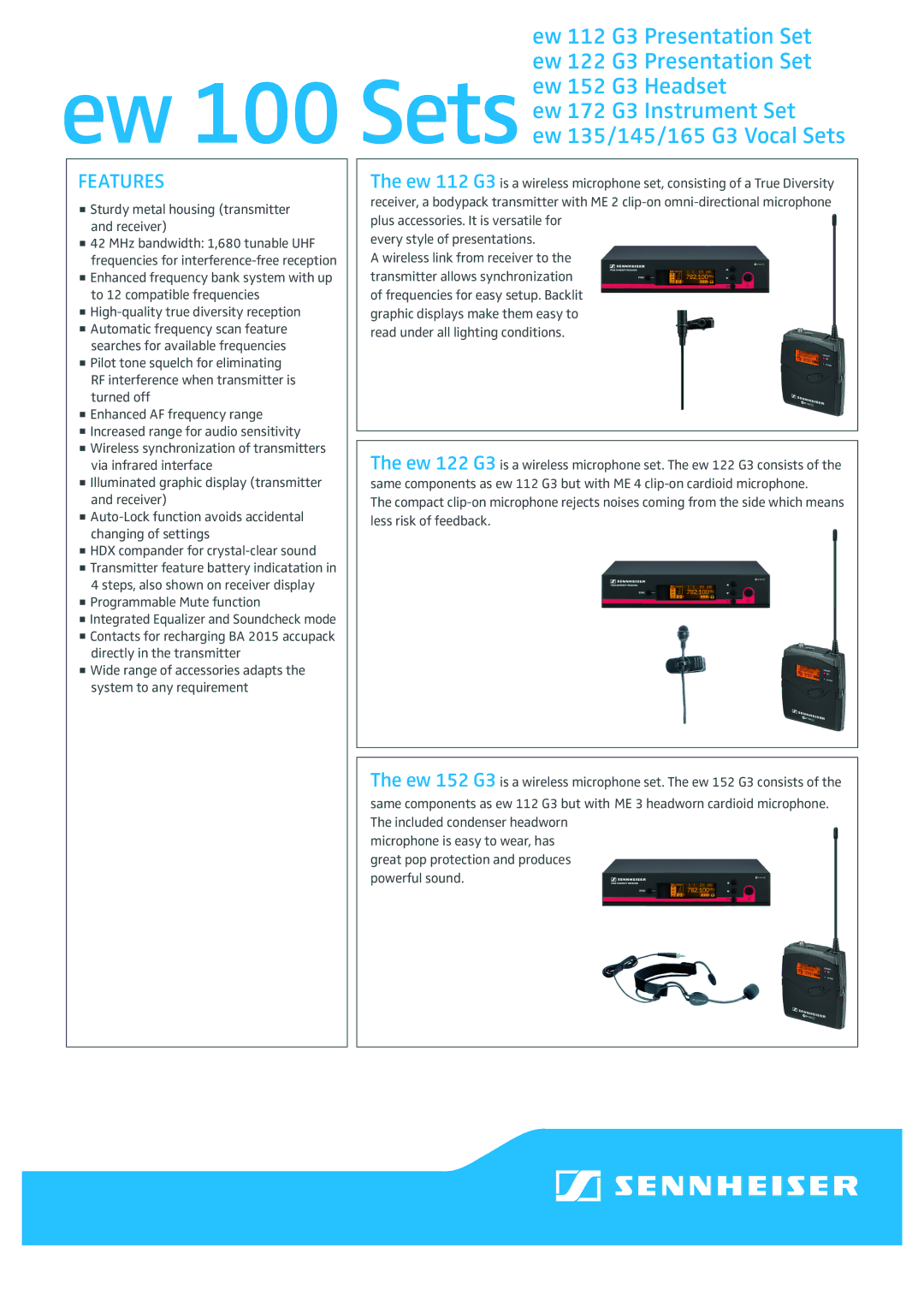 Sennheiser ew 112 G3, ew 152 G3, ew 135/145/165 G3, ew 172 G3 manual Features 