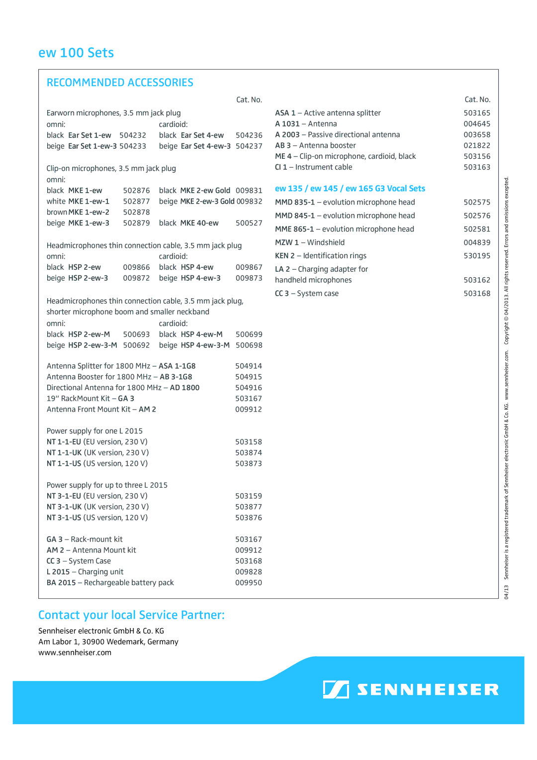 Sennheiser ew 172 G3, ew 152 G3, ew 112 G3 manual Recommended Accessories, Ew 135 / ew 145 / ew 165 G3 Vocal Sets 