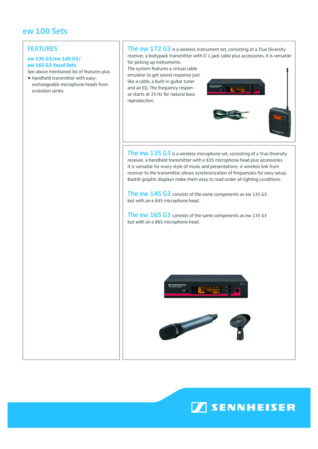 Sennheiser ew 135/145/165 G3, ew 152 G3, ew 112 G3, ew 172 G3 manual Ew 100 Sets, Ew 135 G3/ew 145 G3/ ew 165 G3 Vocal Sets 